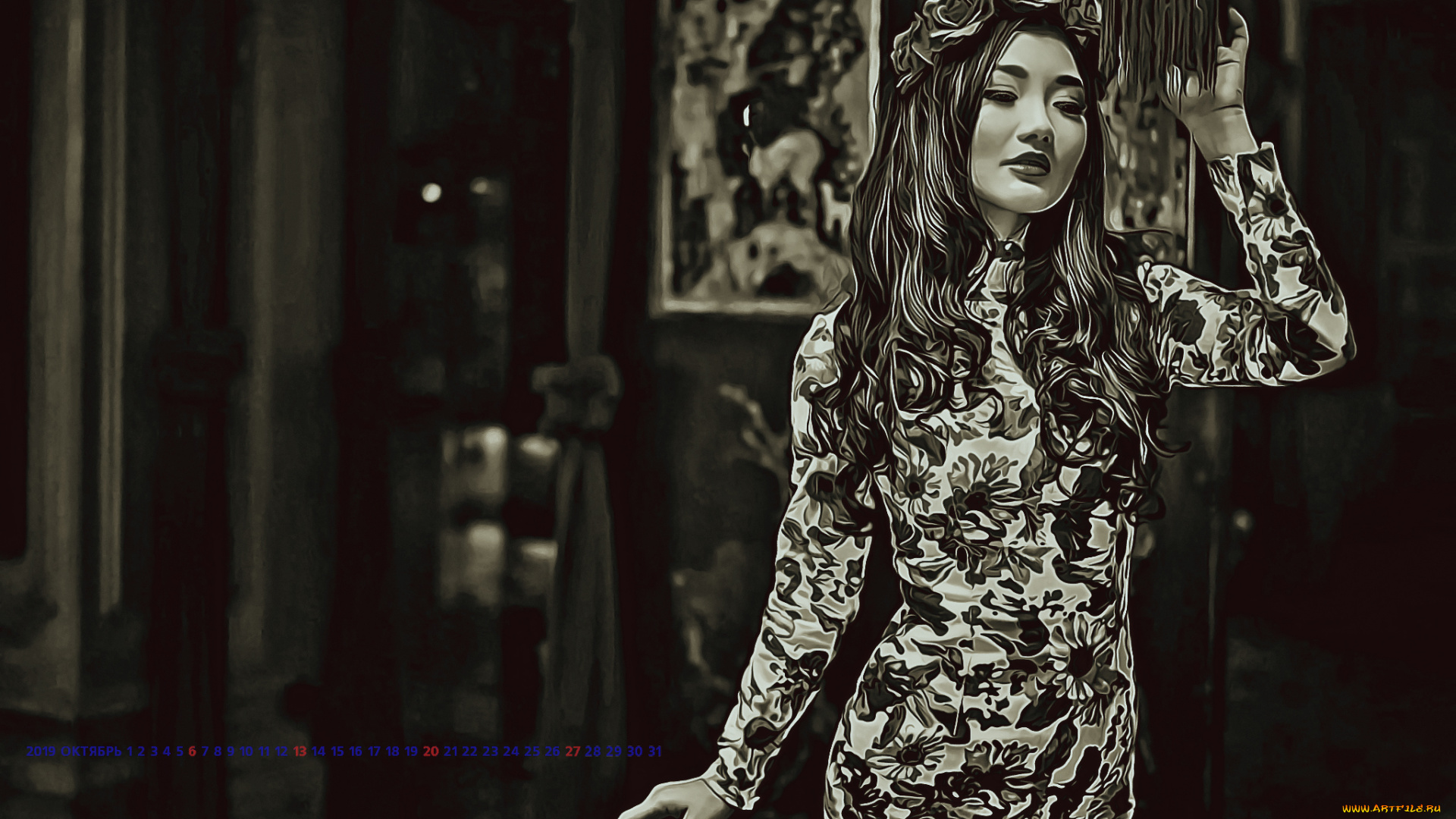 календари, компьютерный, дизайн, девушка, взгляд, женщина, calendar, 2019, венок, цветы