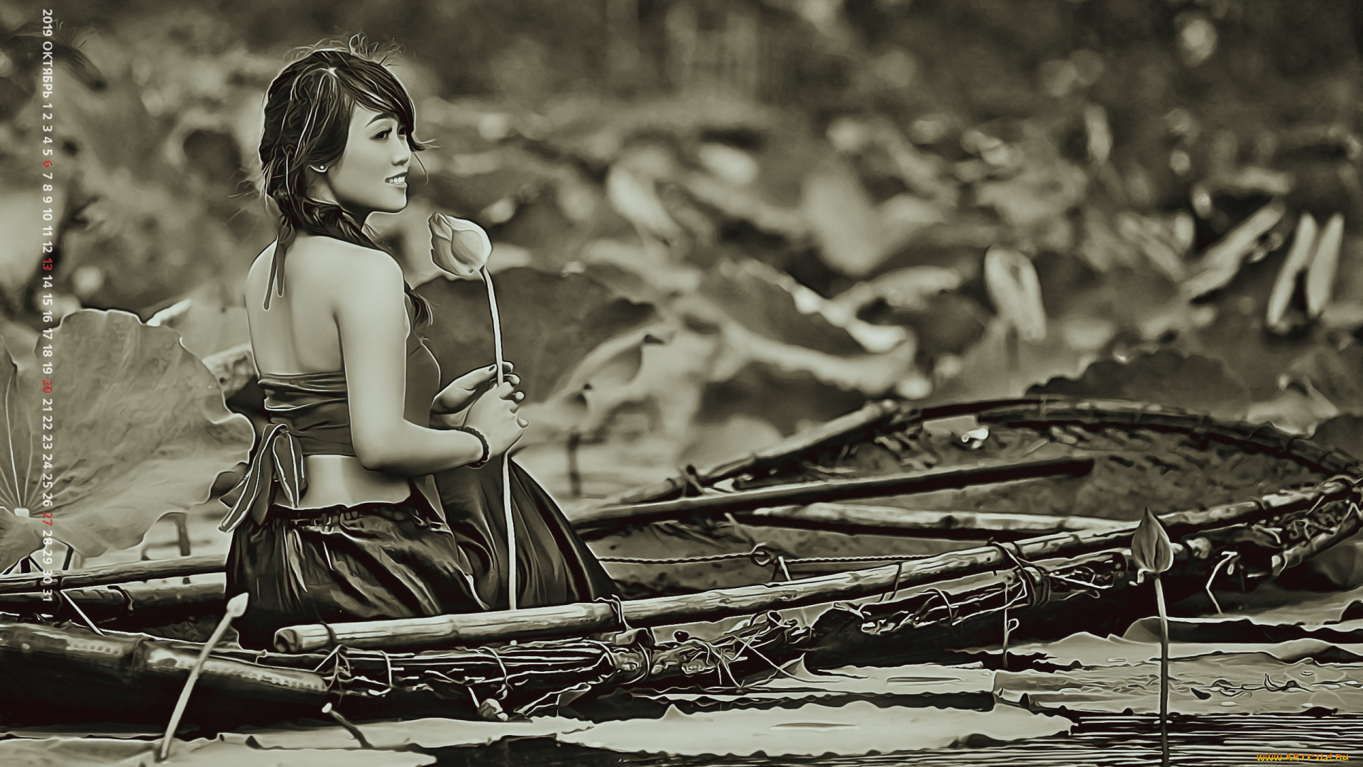 календари, компьютерный, дизайн, лодка, водоем, девушка, азиатка, цветы, женщина, calendar, 2019