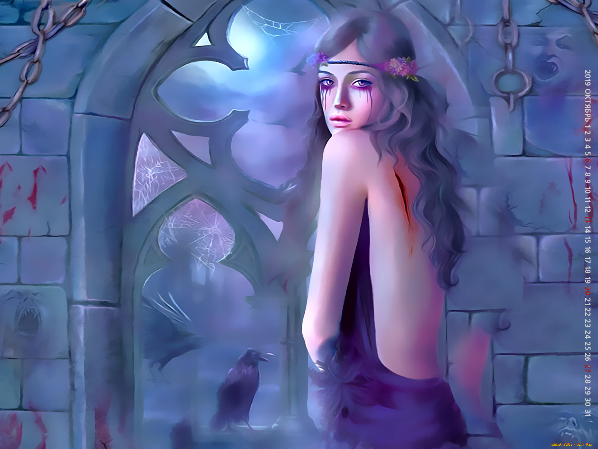 календари, фэнтези, calendar, 2019, кровь, птица, окно, девушка, рана