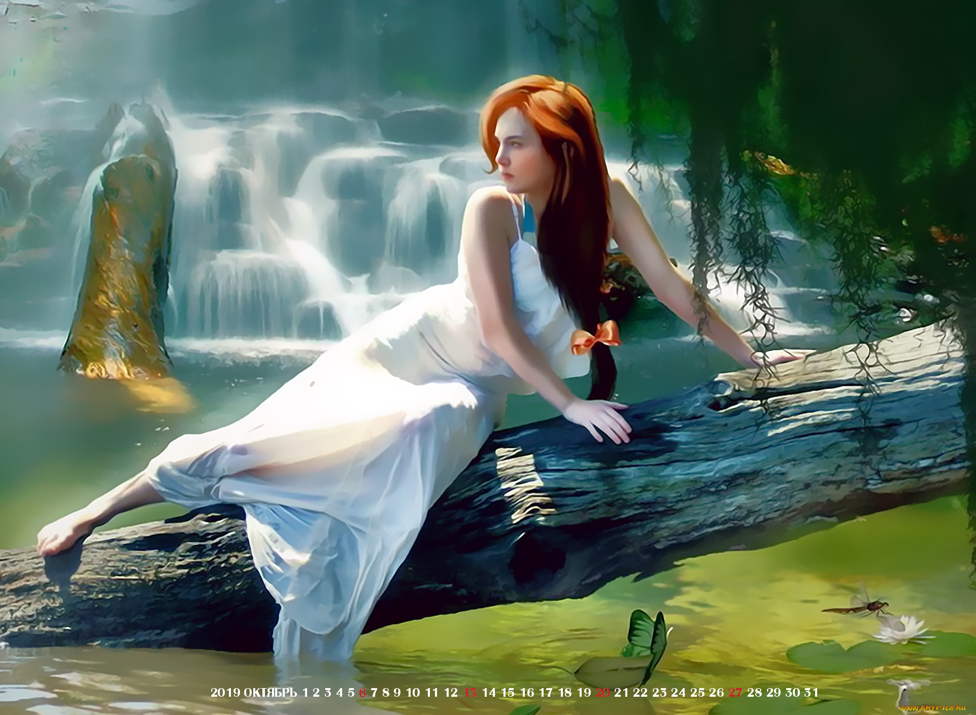 календари, фэнтези, 2019, calendar, природа, девушка, дерево, водопад