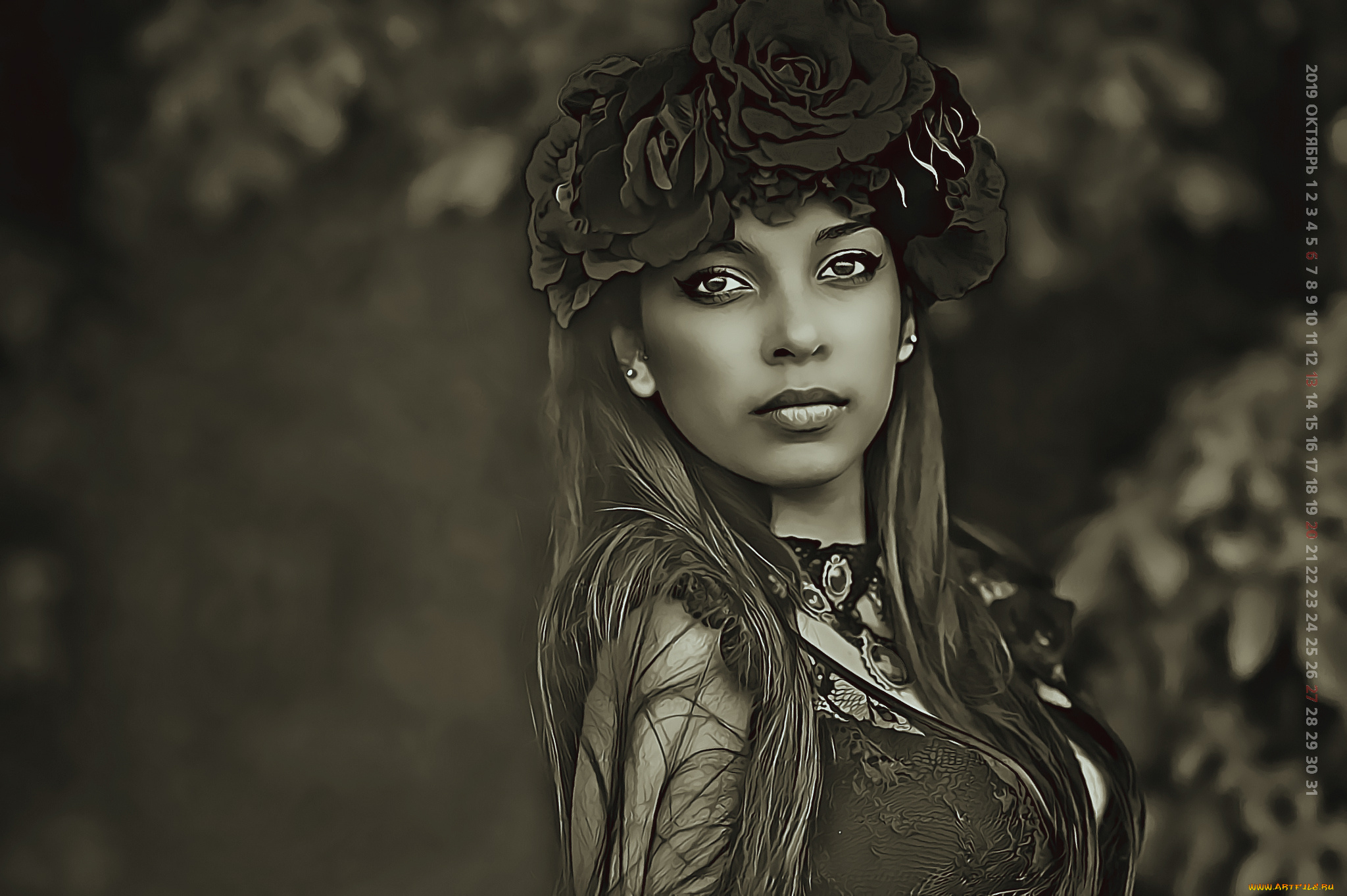 календари, компьютерный, дизайн, 2019, цветы, венок, calendar, женщина, взгляд, девушка