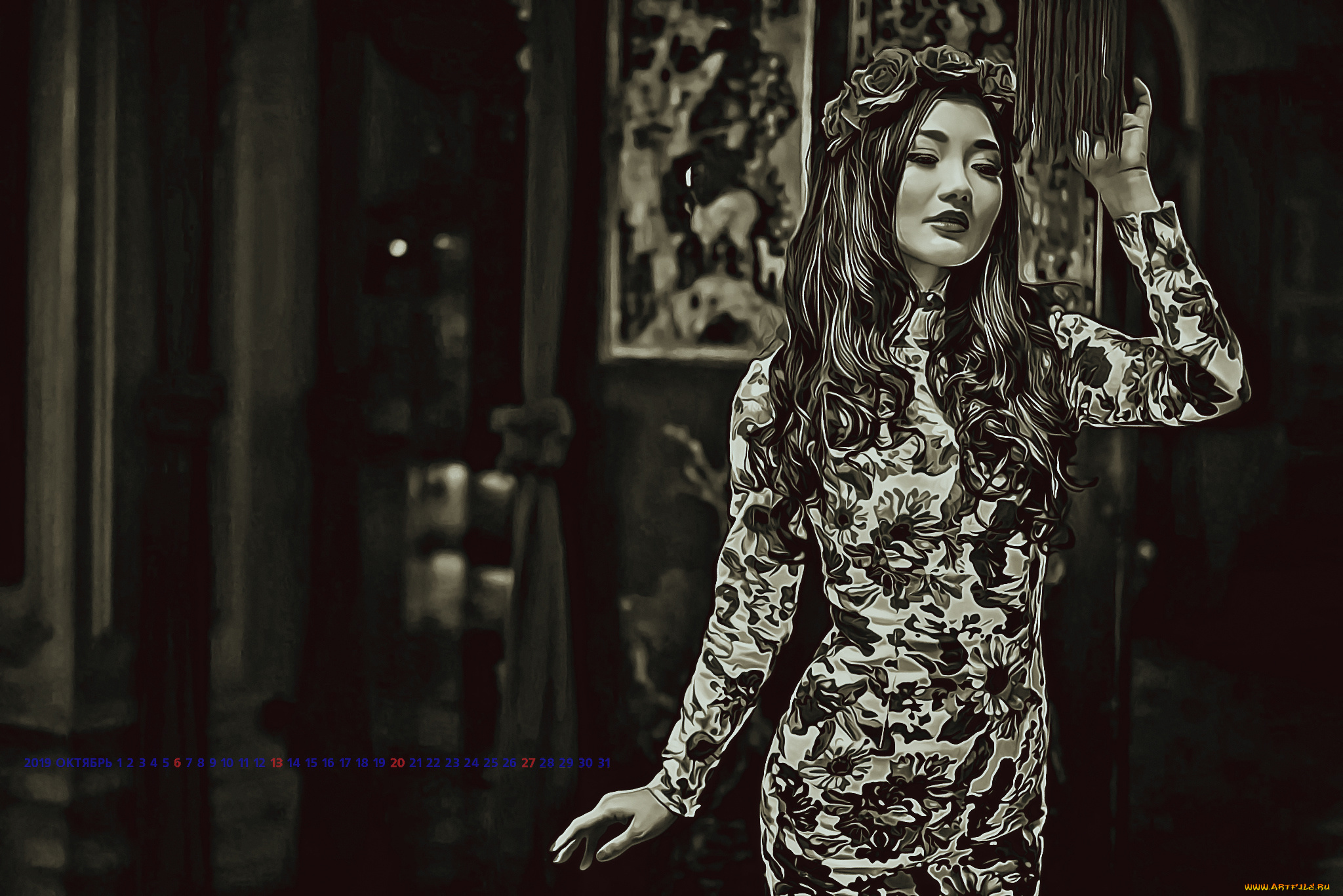 календари, компьютерный, дизайн, девушка, взгляд, женщина, calendar, 2019, венок, цветы