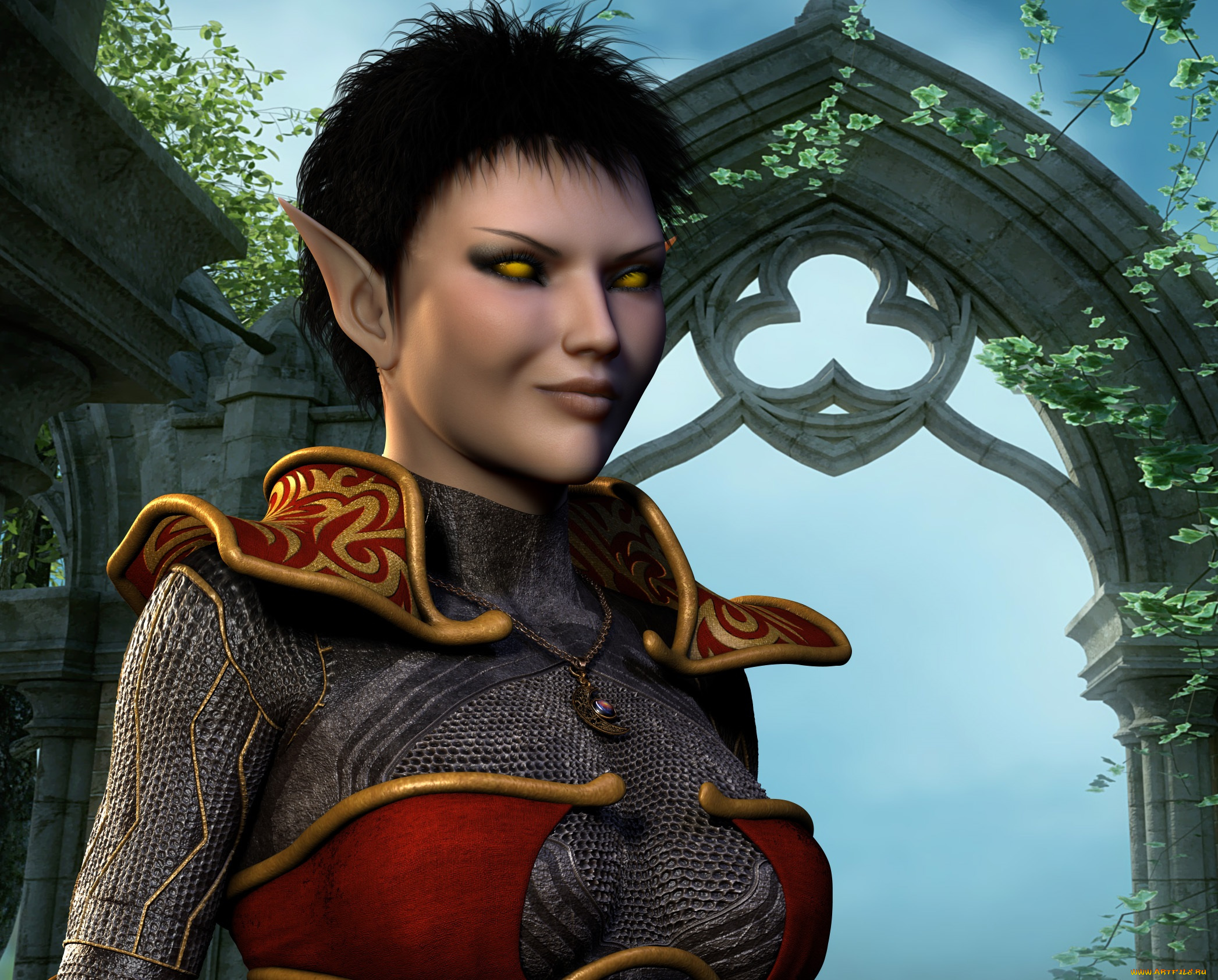 3д, графика, эльфы, , elves, фон, взгляд, эльфийка