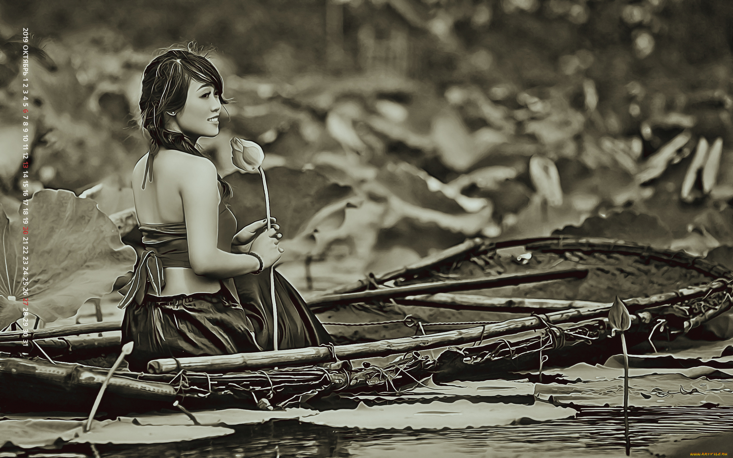 календари, компьютерный, дизайн, лодка, водоем, девушка, азиатка, цветы, женщина, calendar, 2019