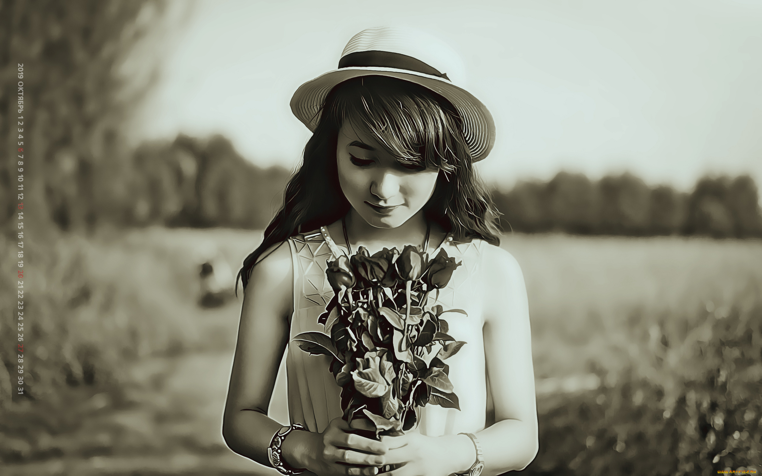 календари, компьютерный, дизайн, природа, цветы, девушка, растение, женщина, calendar, 2019, шляпа, букет