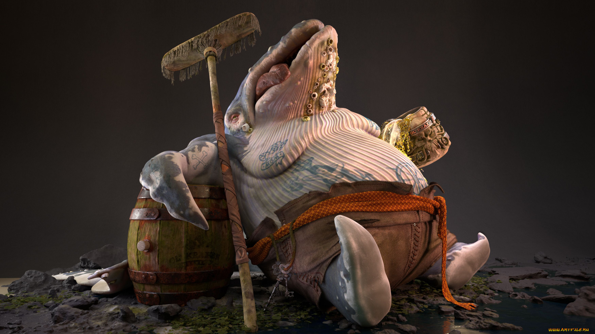 3д, графика, животные, , animals, кит, кракен, чудище, татуировки, швабра, кресло, язык, монстр