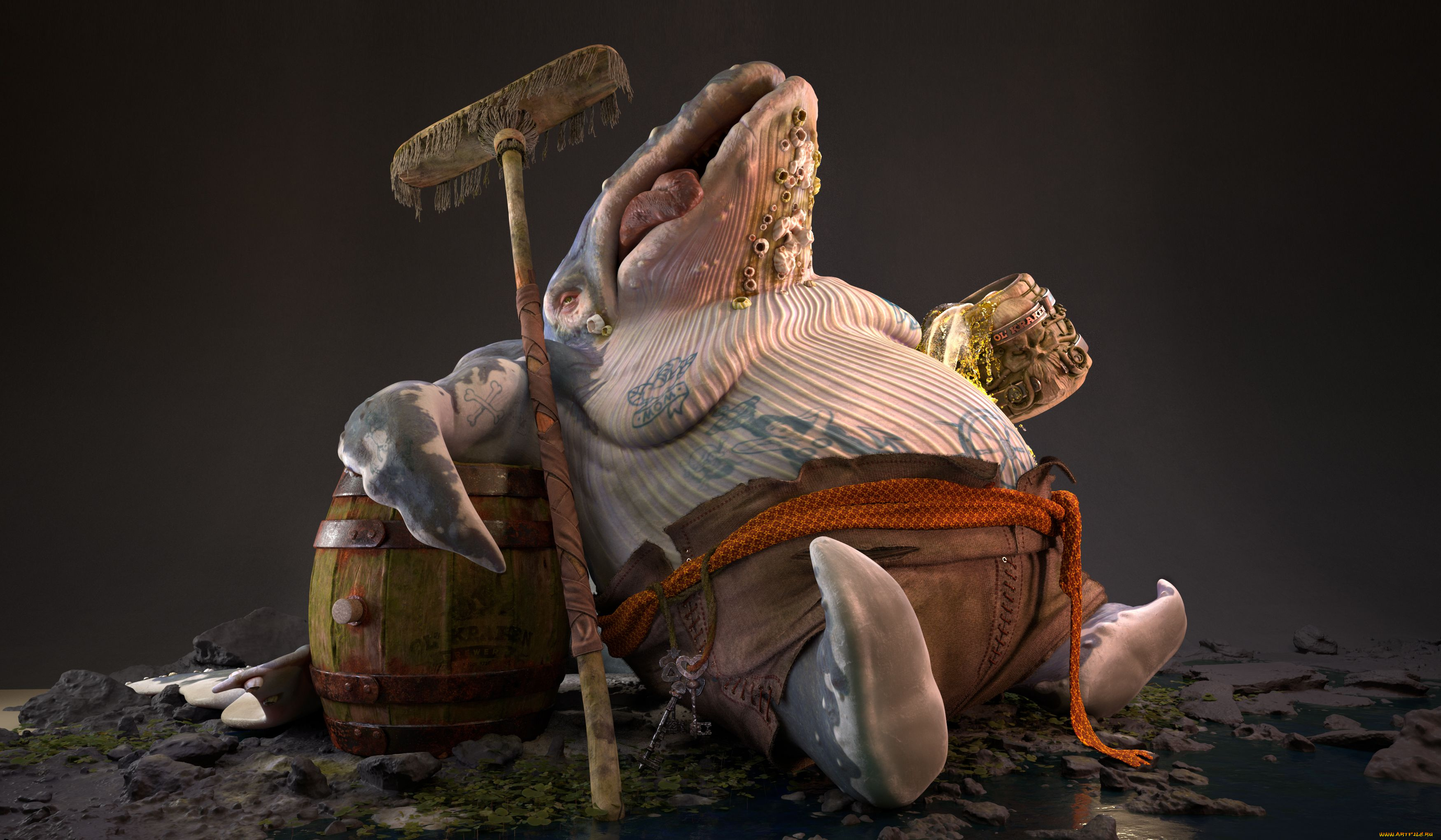 3д, графика, животные, , animals, кит, кракен, чудище, татуировки, швабра, кресло, язык, монстр