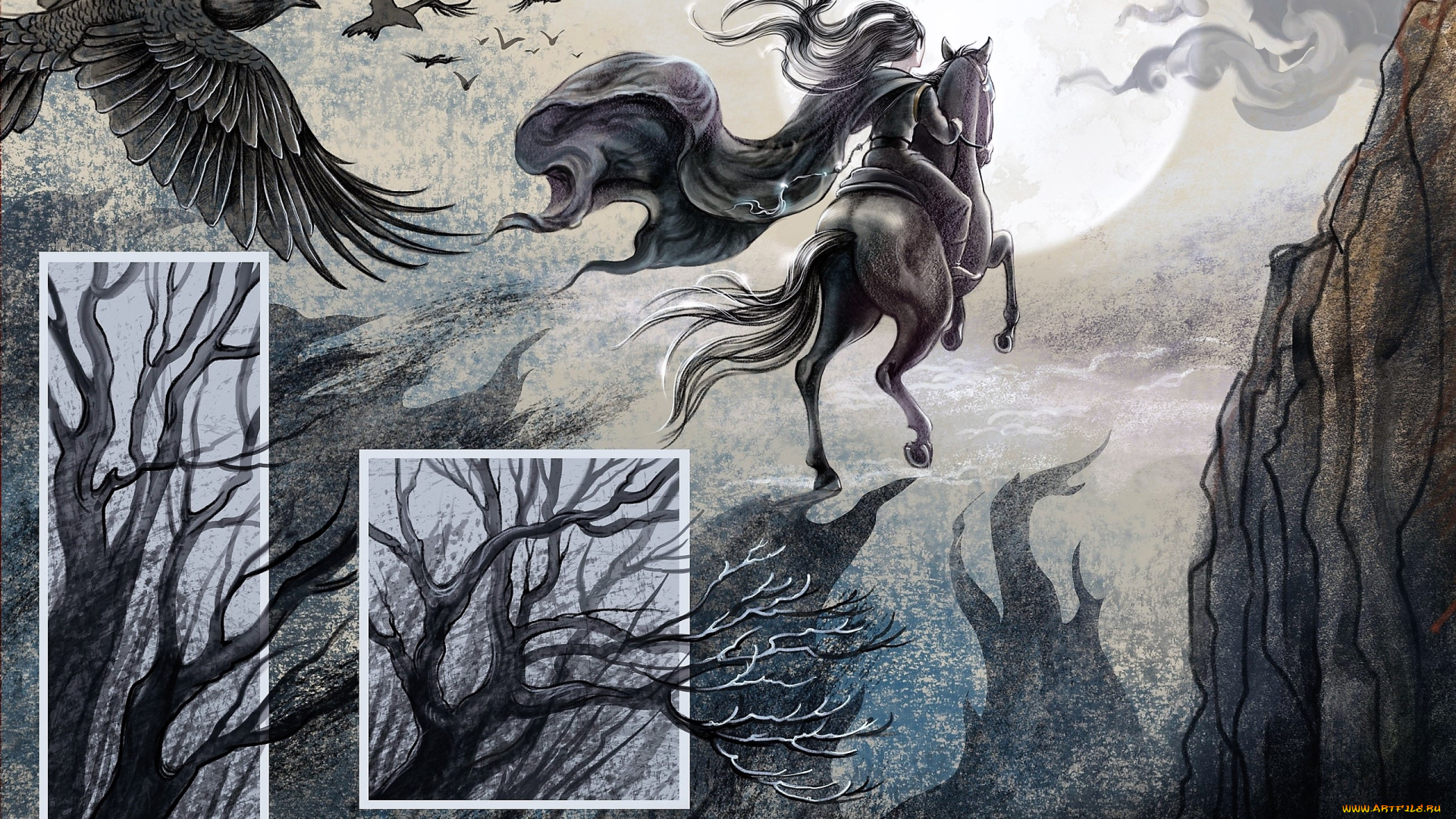 рисованное, кино, , мультфильмы, сюэ, ян, всадник, деревья, ночь, вороны