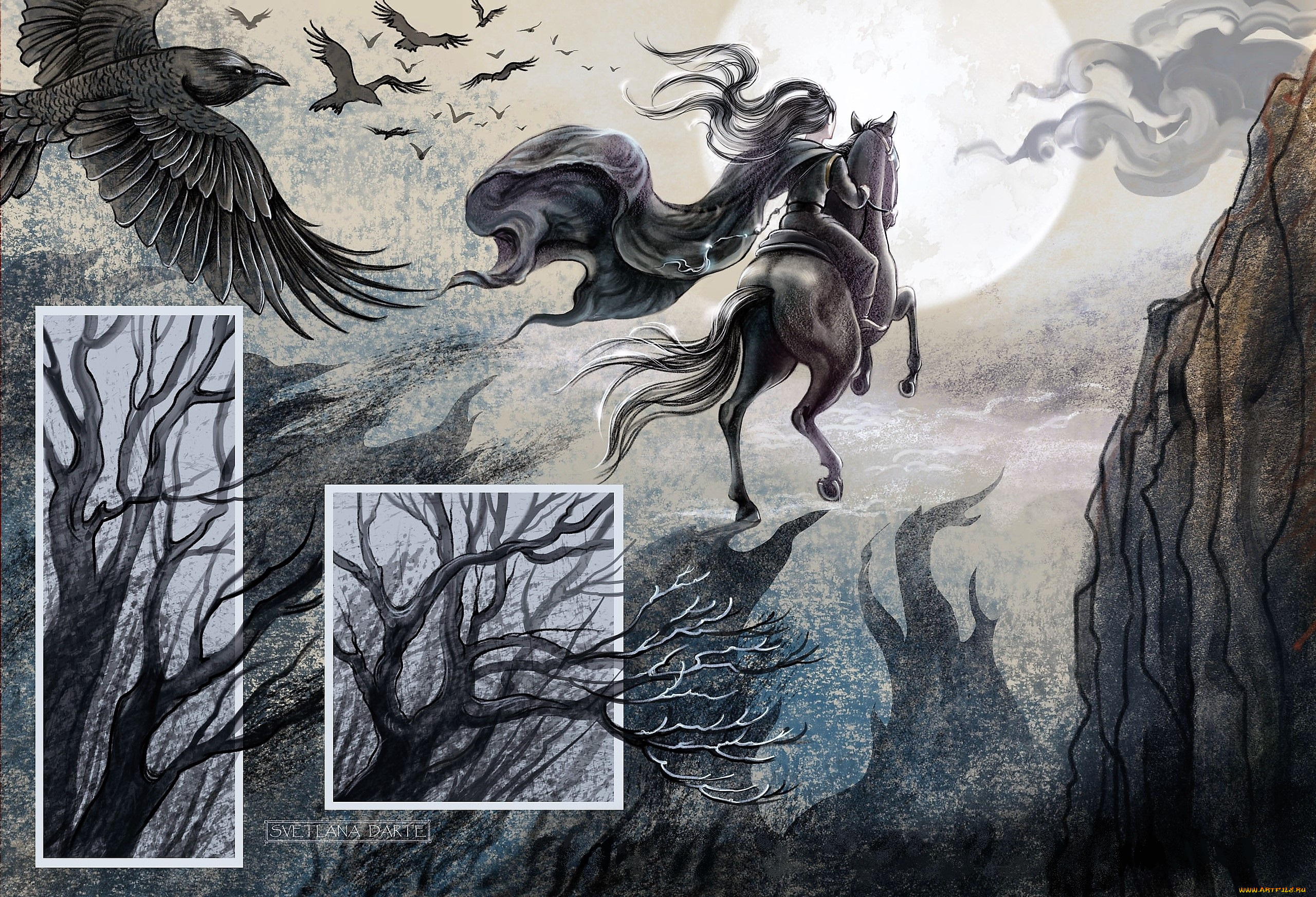 рисованное, кино, , мультфильмы, сюэ, ян, всадник, деревья, ночь, вороны