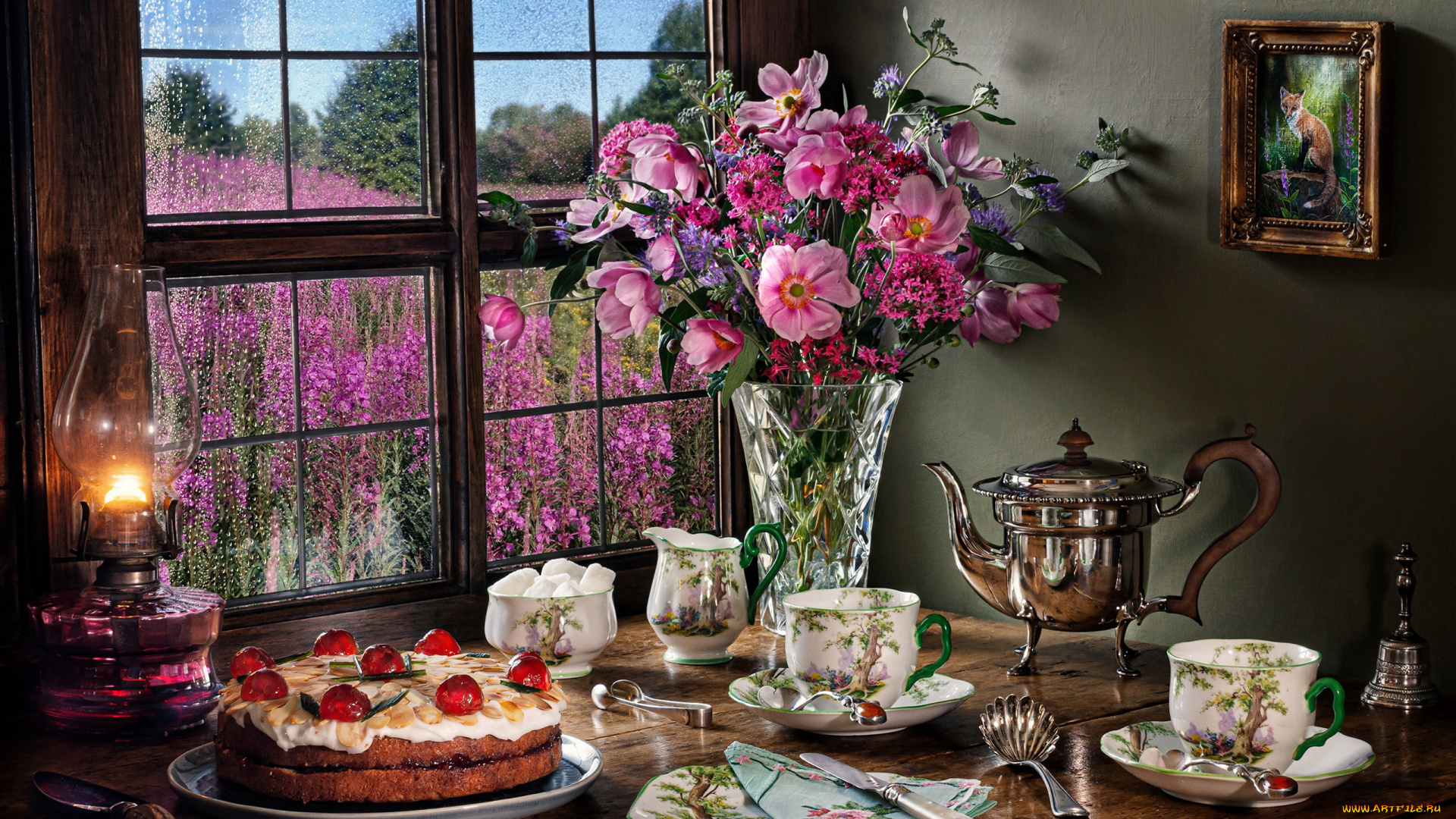 еда, натюрморт, букет, лампа, торт, сахар, кофейник, колокольчик