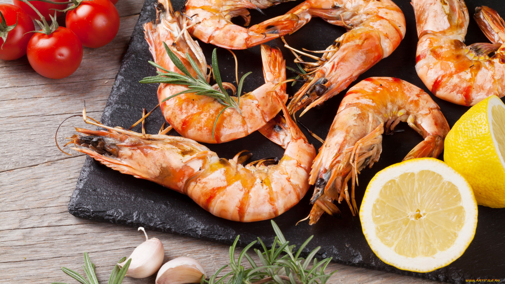 еда, рыбные, блюда, , с, морепродуктами, помидоры, креветки, лимон, чеснок, розмарин