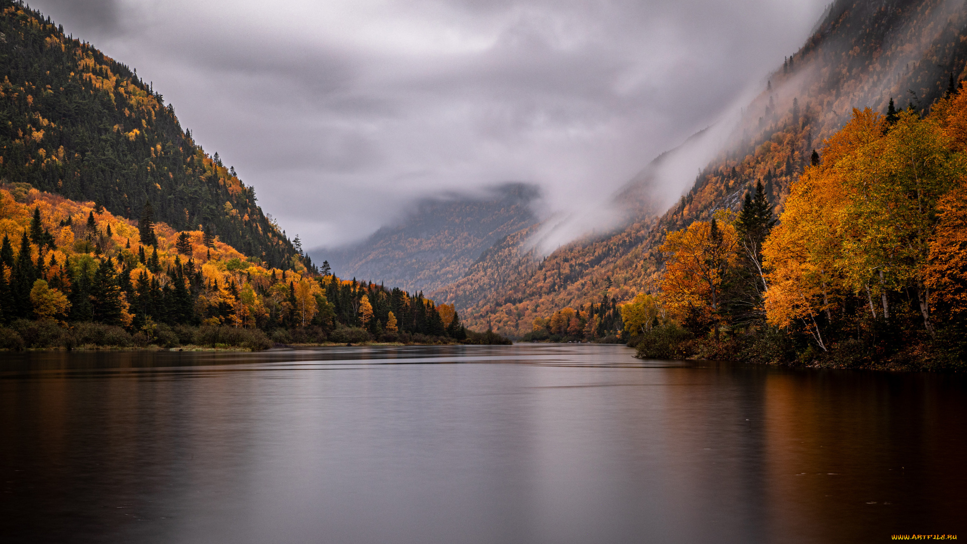природа, реки, озера, национальный, парк, верхнее, ущелье, де, ла, ривьер, мальбе, канада, осень, озеро