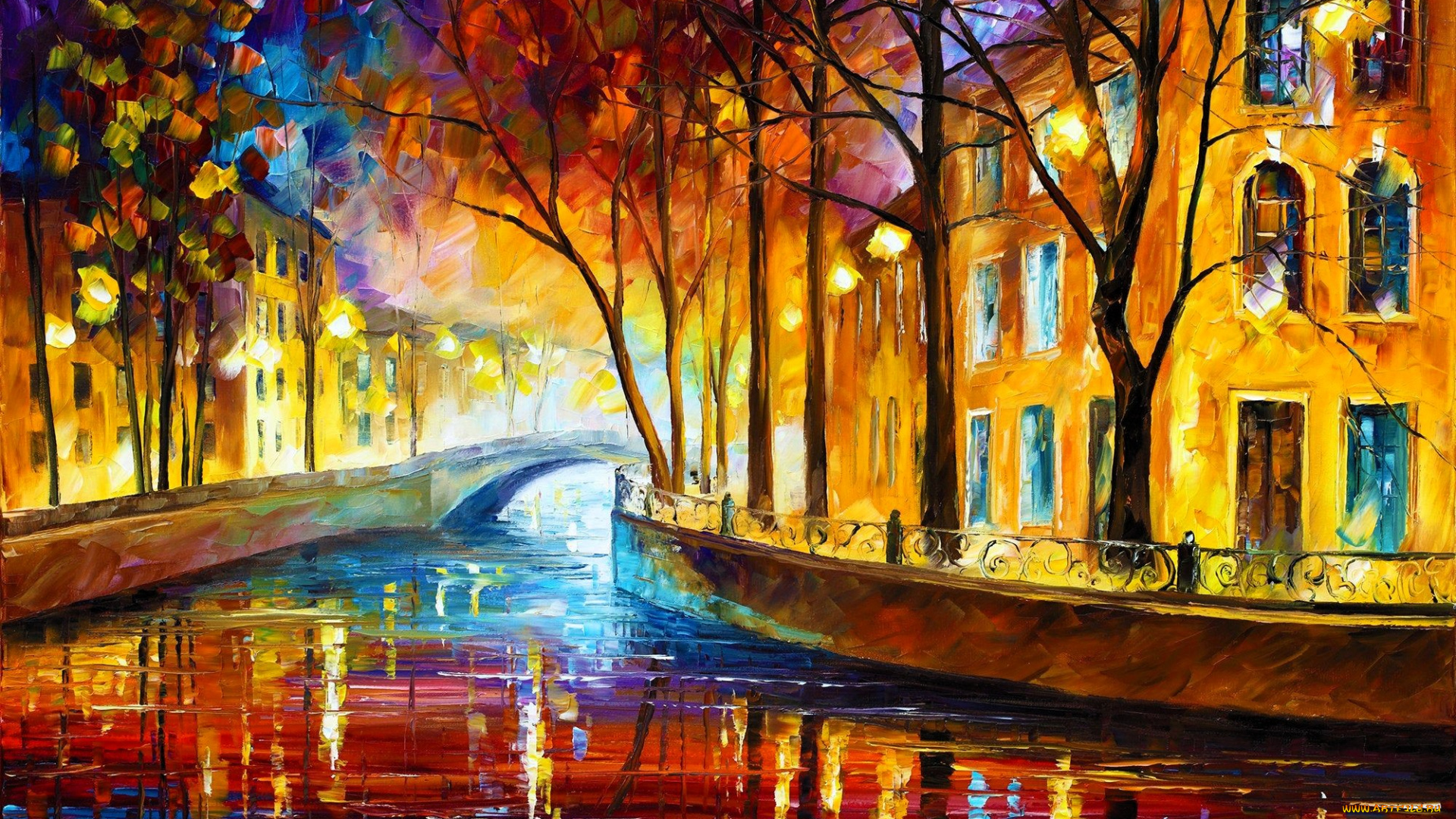 рисованное, леонид, афремов, осень, деревья, дома, город, мост, река