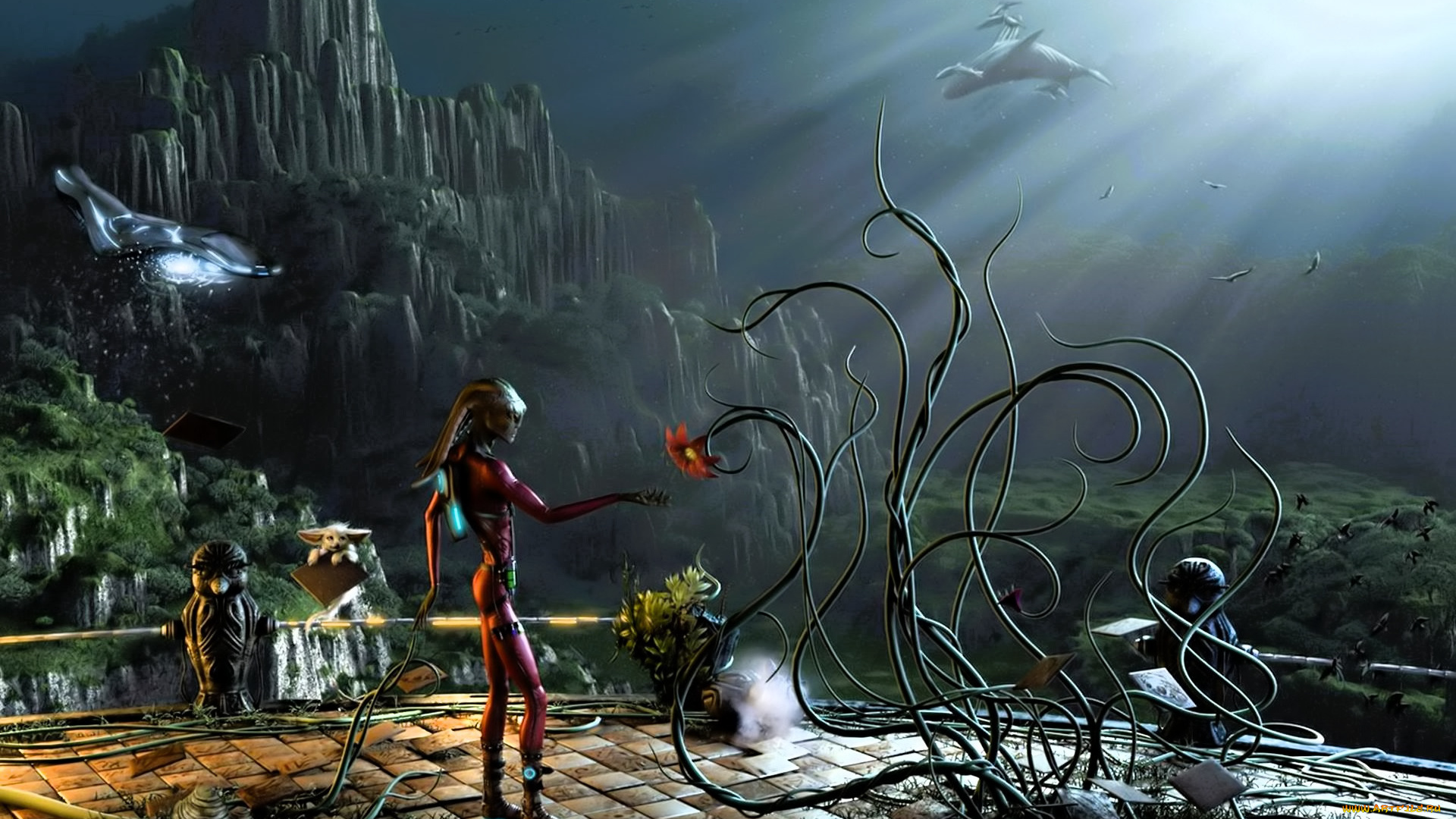 3д, графика, фантазия, , fantasy, киты, горы, лучи, площадка, существо