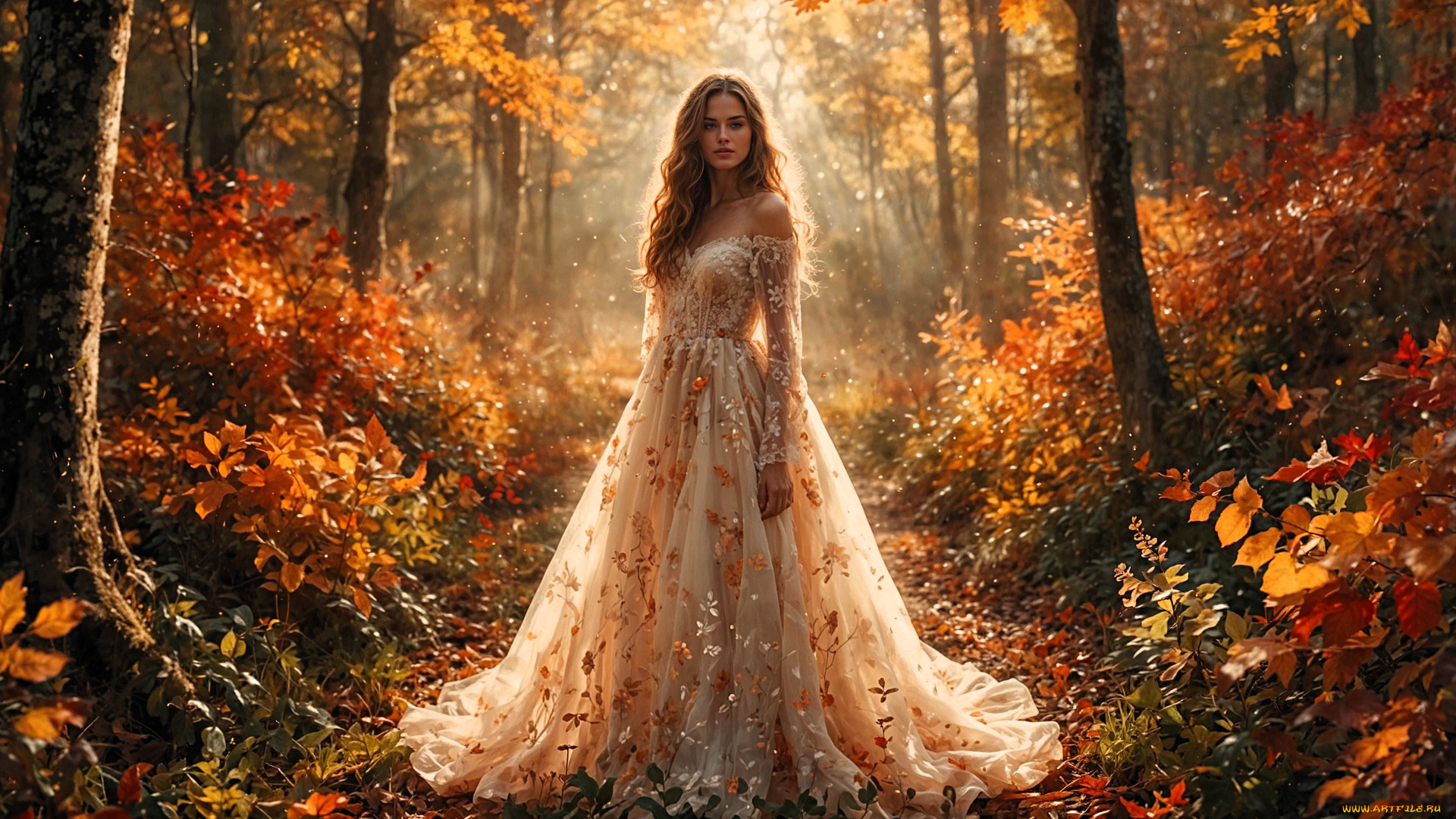 3д, графика, люди, , people, девушка, платье, лес, осень