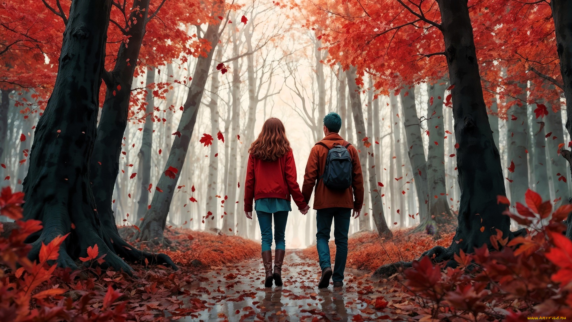 3д, графика, люди, , people, лес, тропа, туман, осень, пара