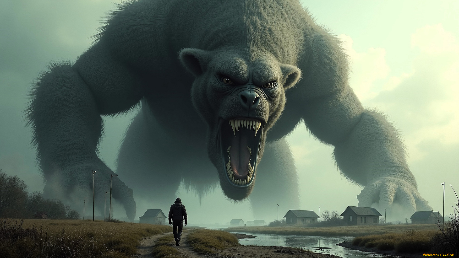 3д, графика, существа, , creatures, дома, поселок, дорога, человек, монстр, ручей, туман