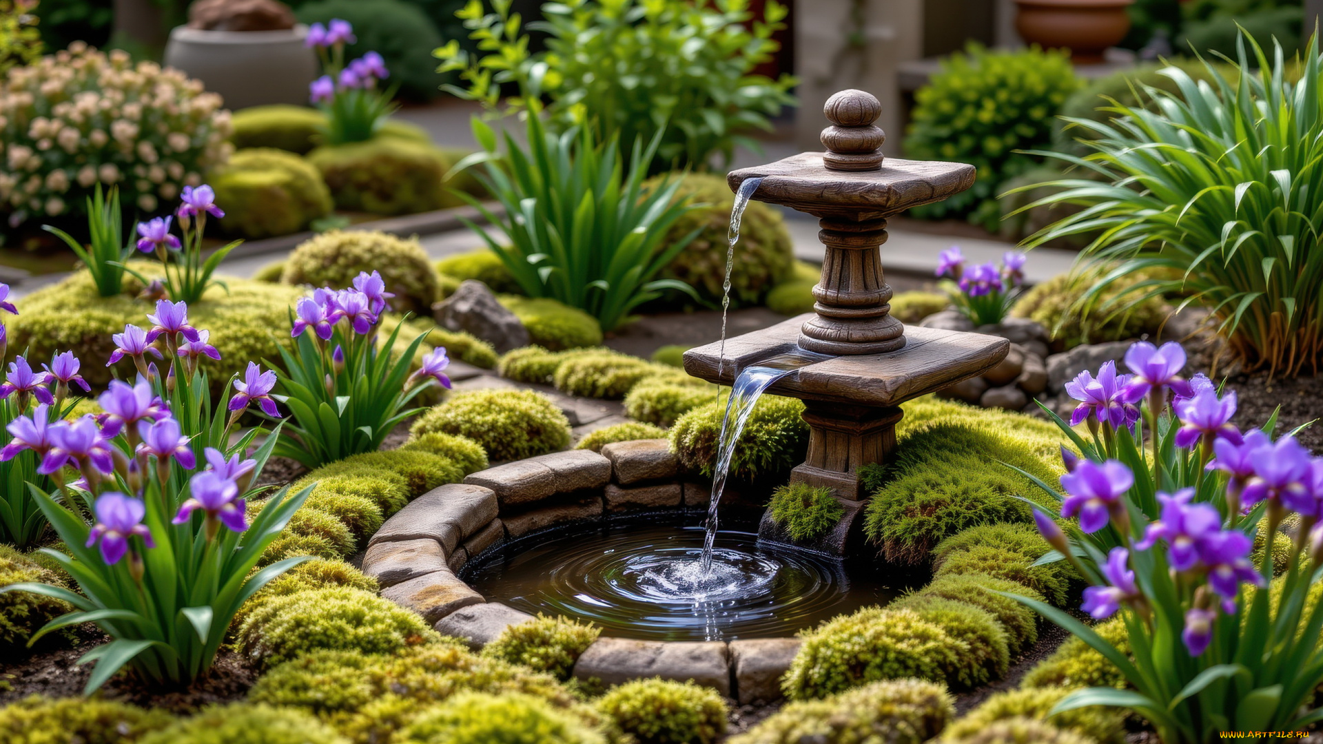 автор, wp, stl, 3д, графика, природа, , nature, парк, ирисы, фонтанчик