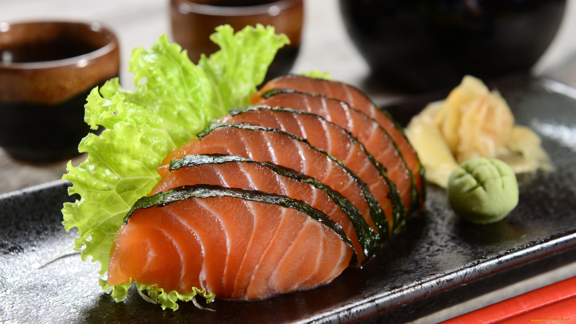 еда, рыбные, блюда, , с, морепродуктами, имбирь, васаби, рыбные, ломтики, зелень