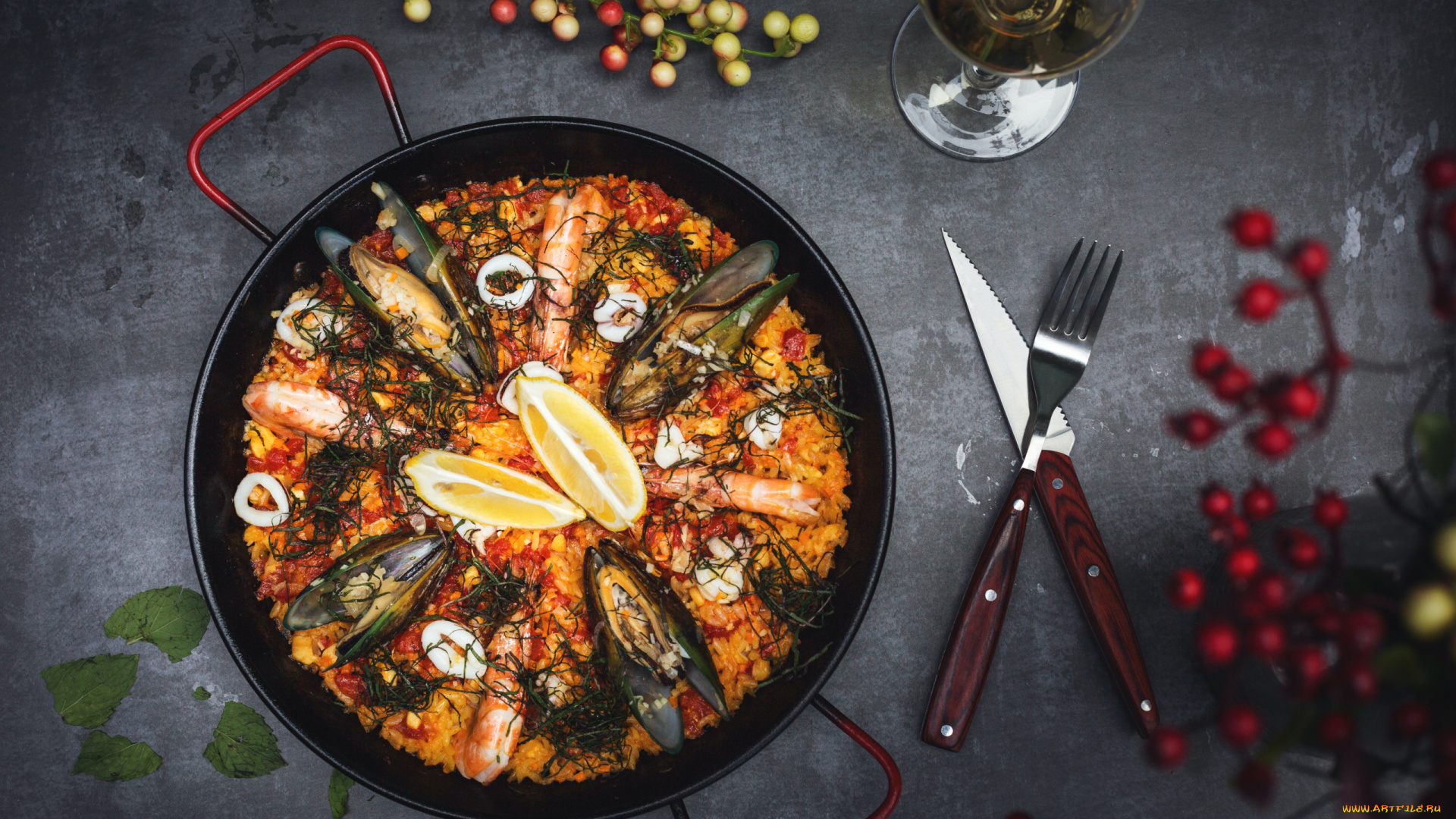 еда, рыбные, блюда, , с, морепродуктами, паэлья, рис, мидии, креветки, вино