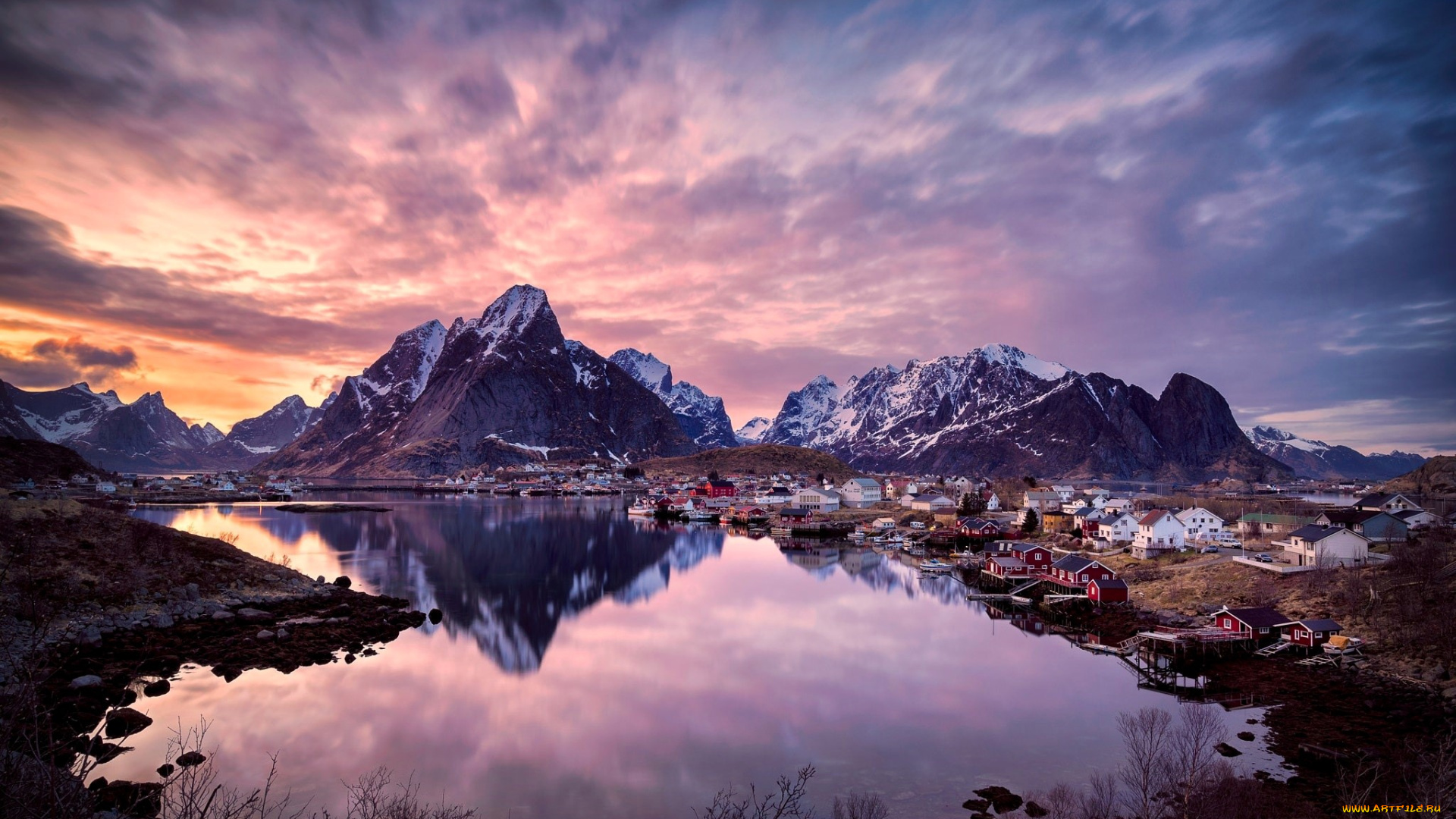 города, лофотенские, острова, , норвегия, небо, заря, облака, горы, острова, поселок, озеро, мост