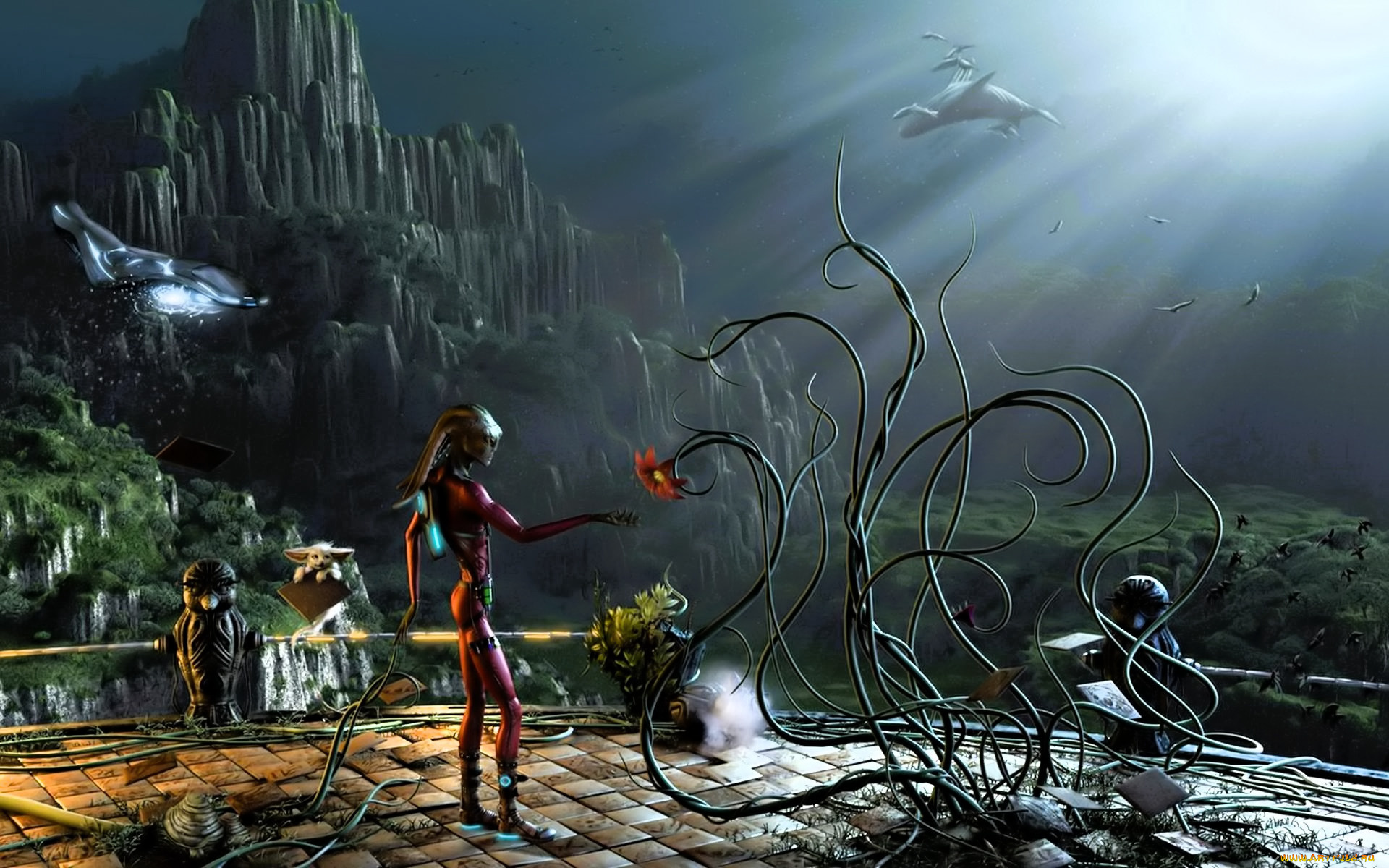 3д, графика, фантазия, , fantasy, киты, горы, лучи, площадка, существо