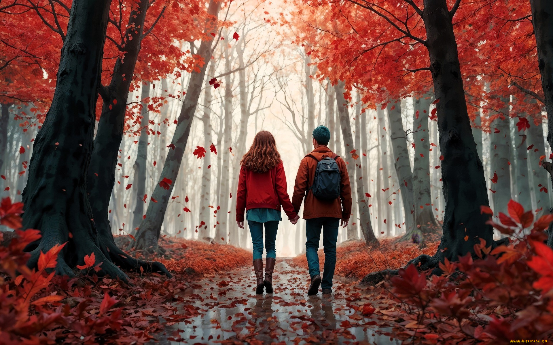 3д, графика, люди, , people, лес, тропа, туман, осень, пара