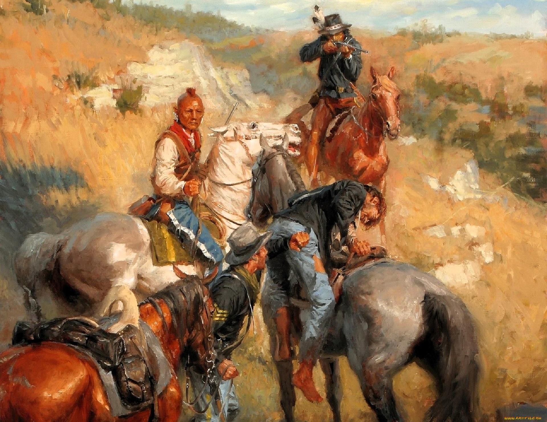 рисованное, andy, thomas, всадники, индейцы, федералы, оружие, горы