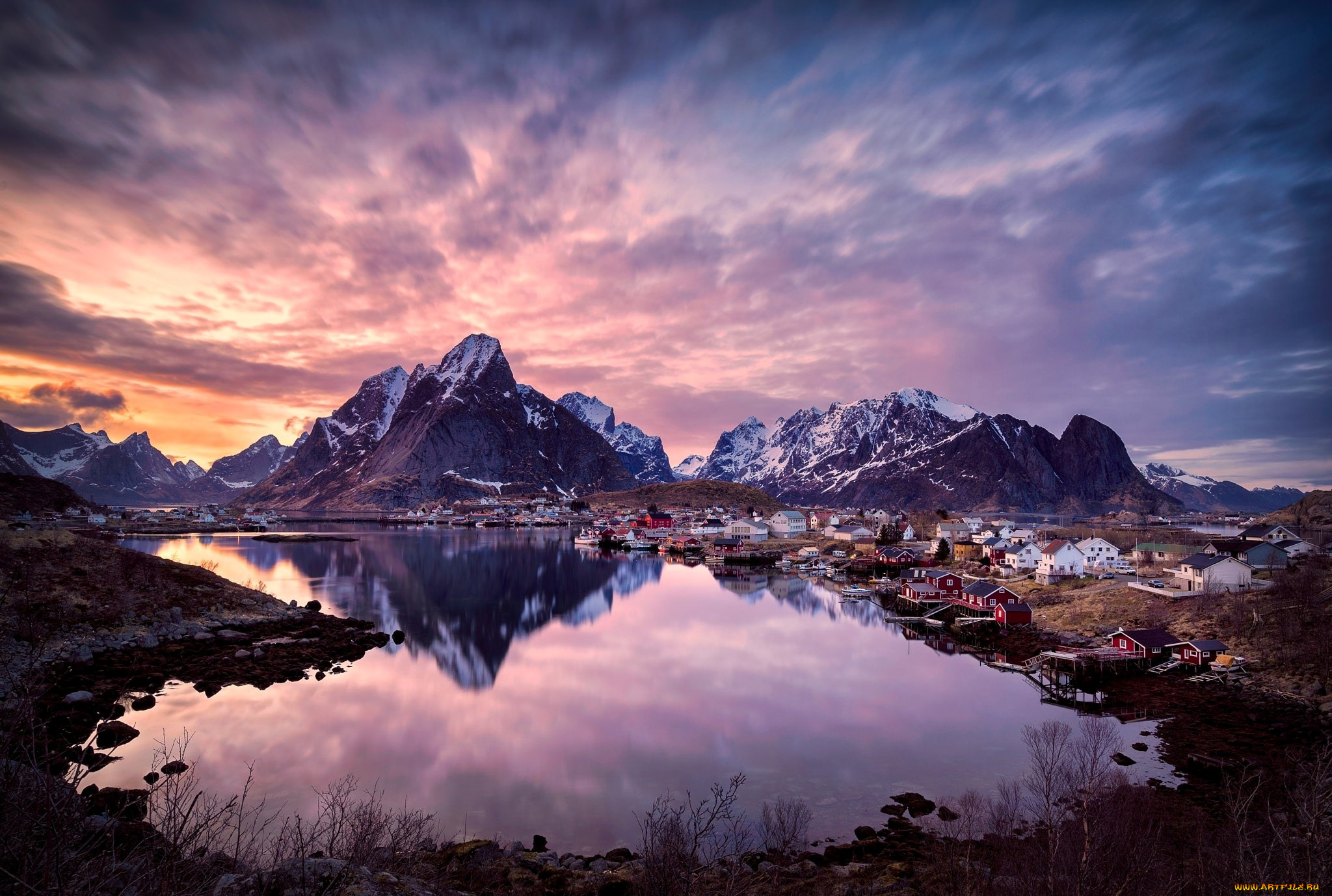 города, лофотенские, острова, , норвегия, небо, заря, облака, горы, острова, поселок, озеро, мост