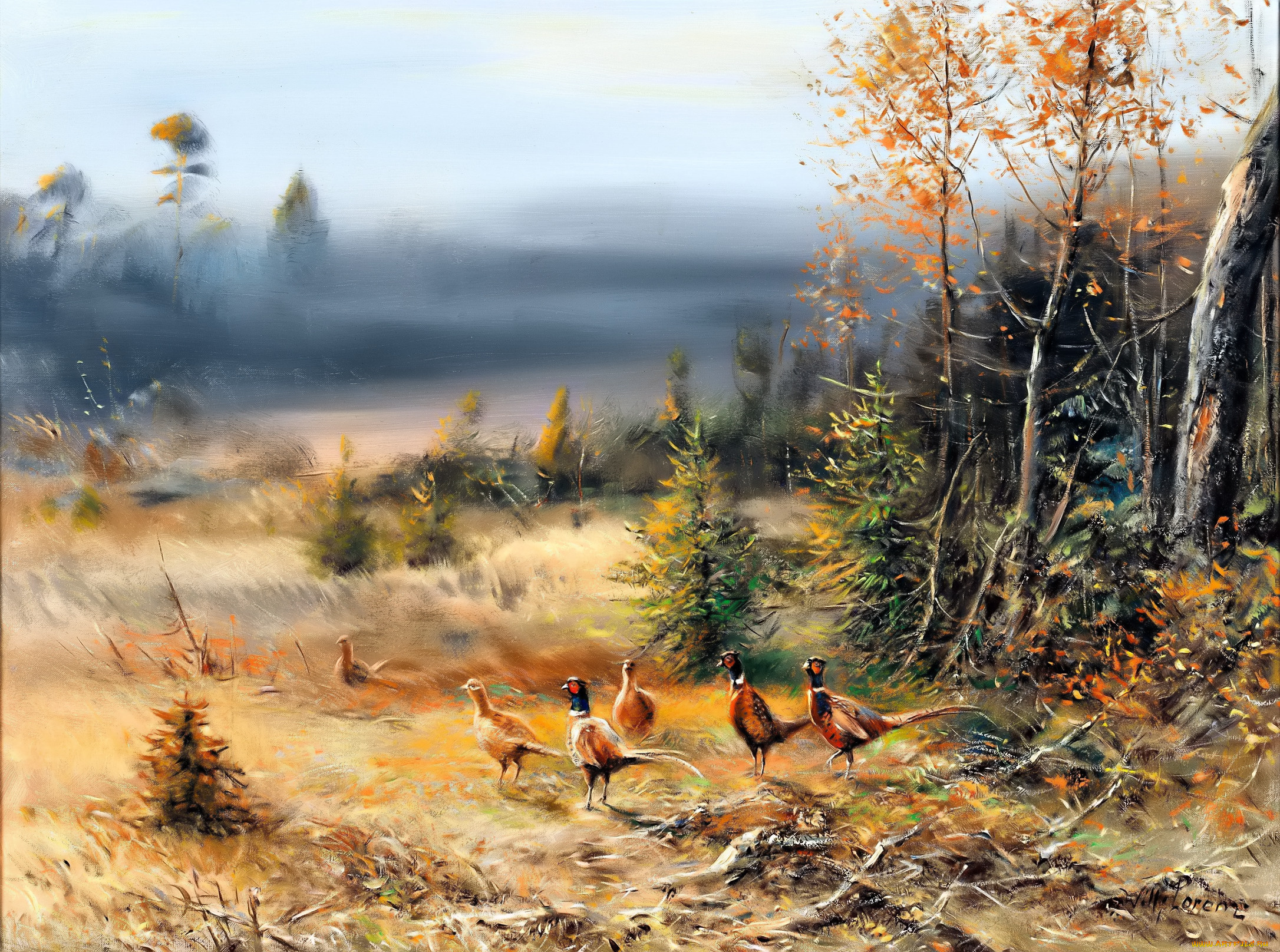 рисованное, живопись, лес, поляна, туман, хворост, фазаны, стая, птицы