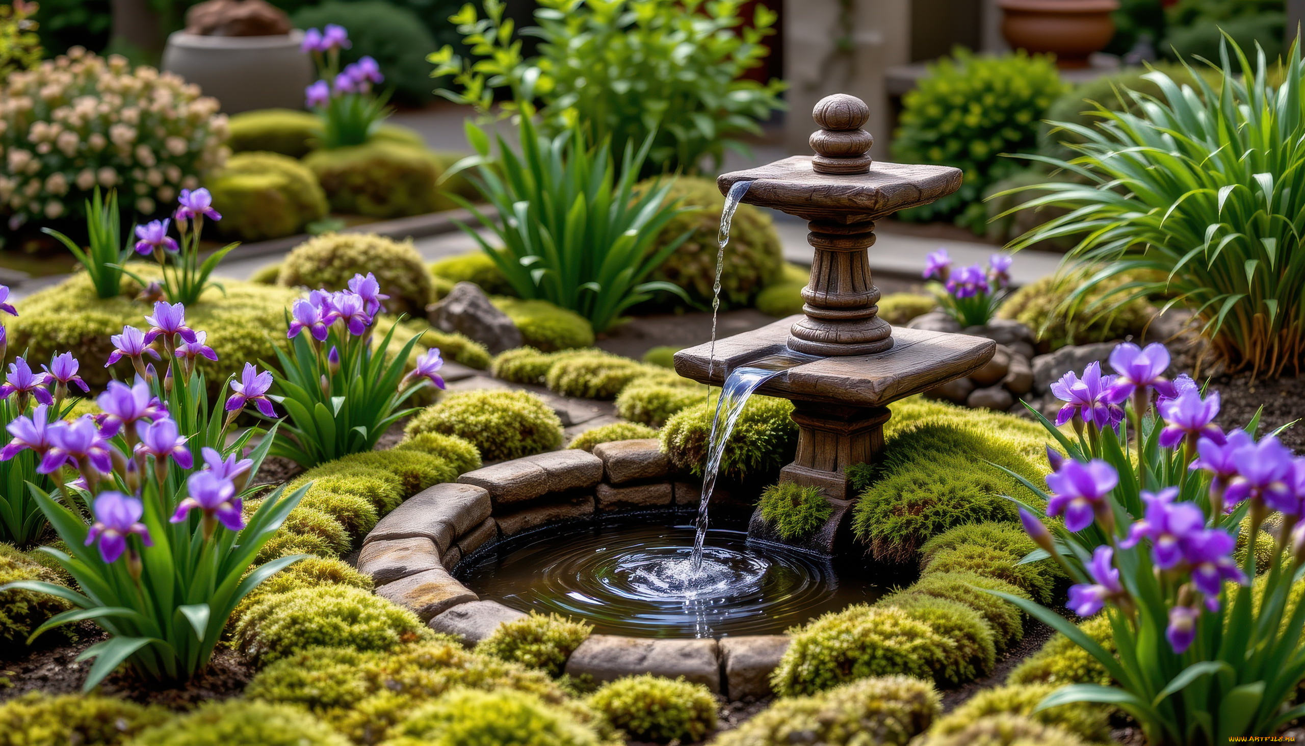 автор, wp, stl, 3д, графика, природа, , nature, парк, ирисы, фонтанчик