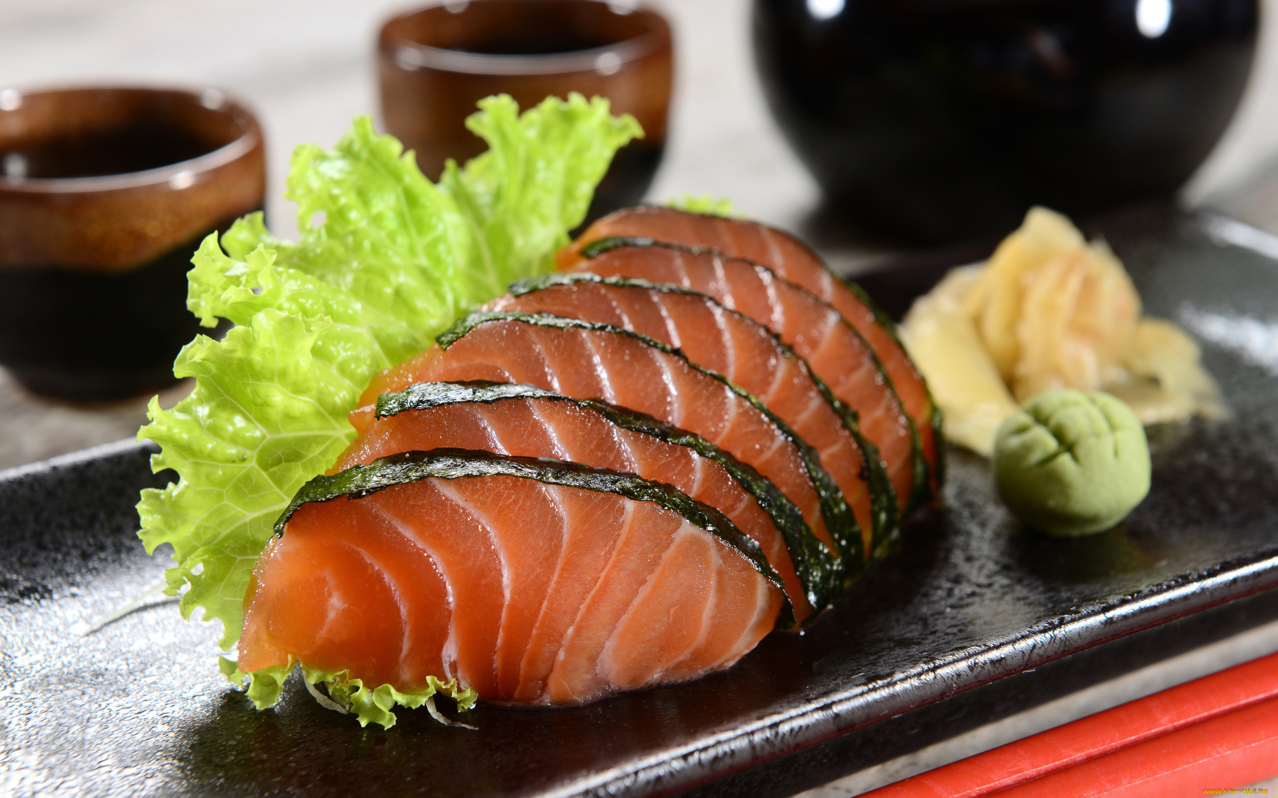 еда, рыбные, блюда, , с, морепродуктами, имбирь, васаби, рыбные, ломтики, зелень