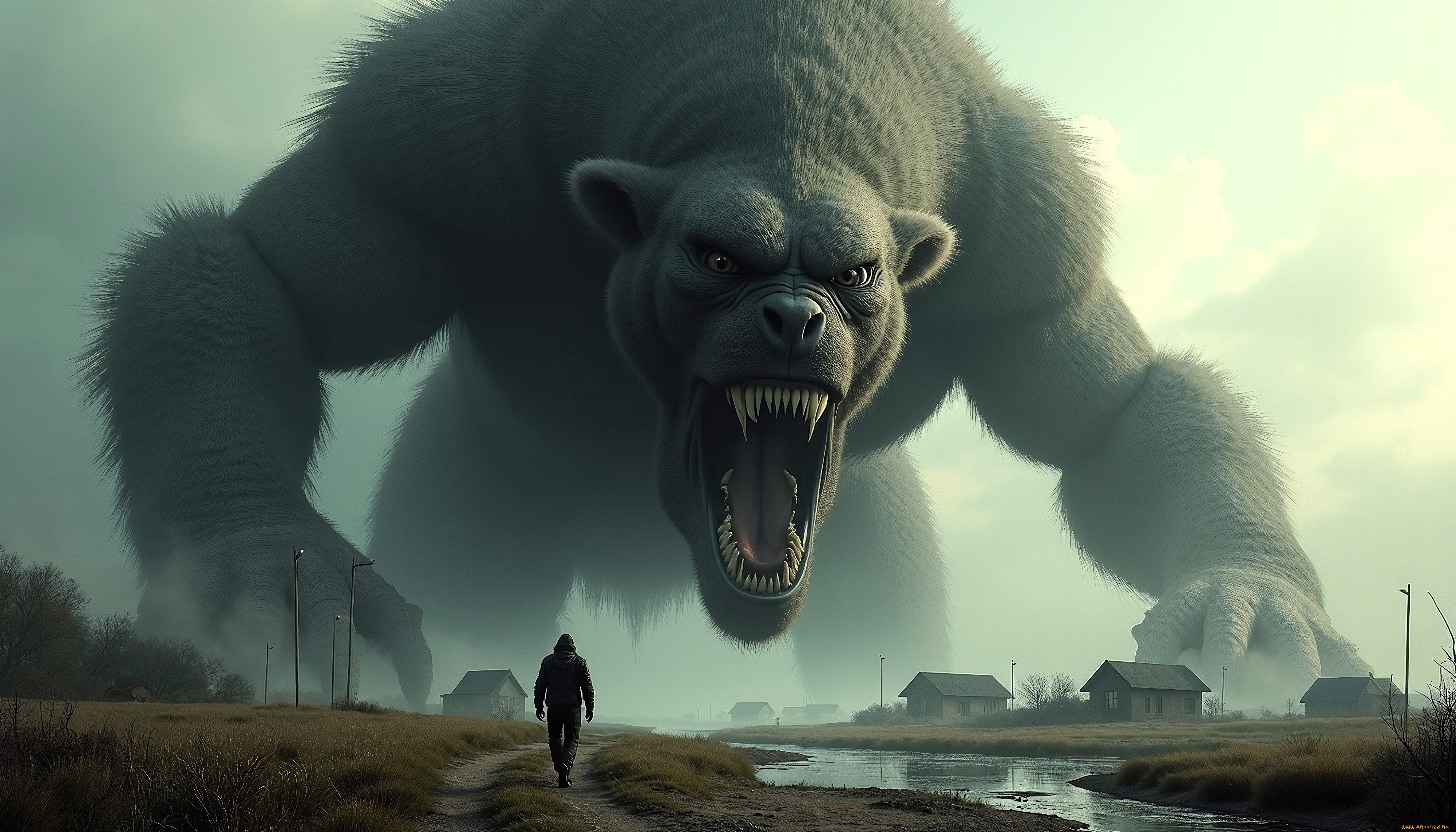 3д, графика, существа, , creatures, дома, поселок, дорога, человек, монстр, ручей, туман