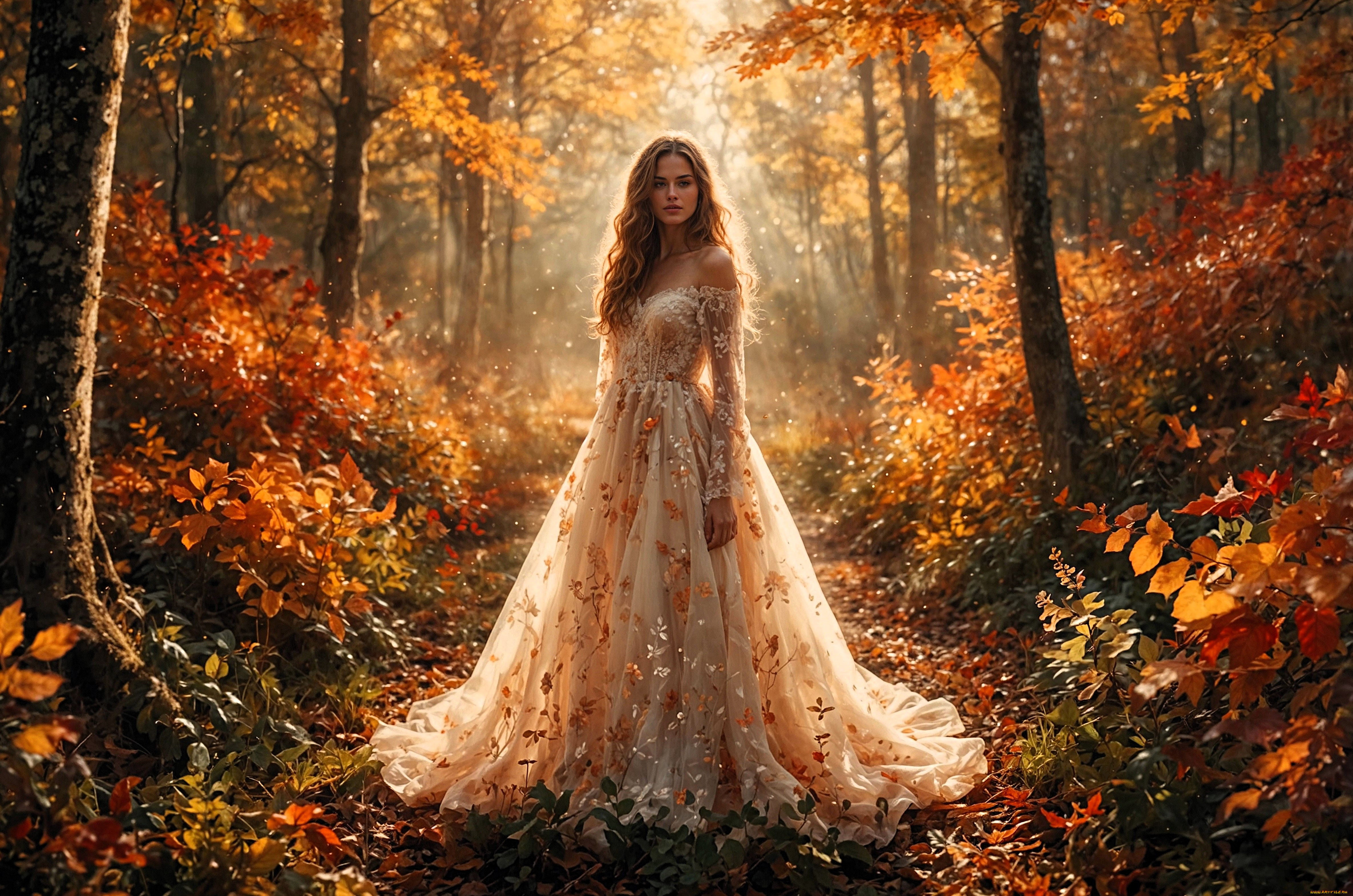 3д, графика, люди, , people, девушка, платье, лес, осень