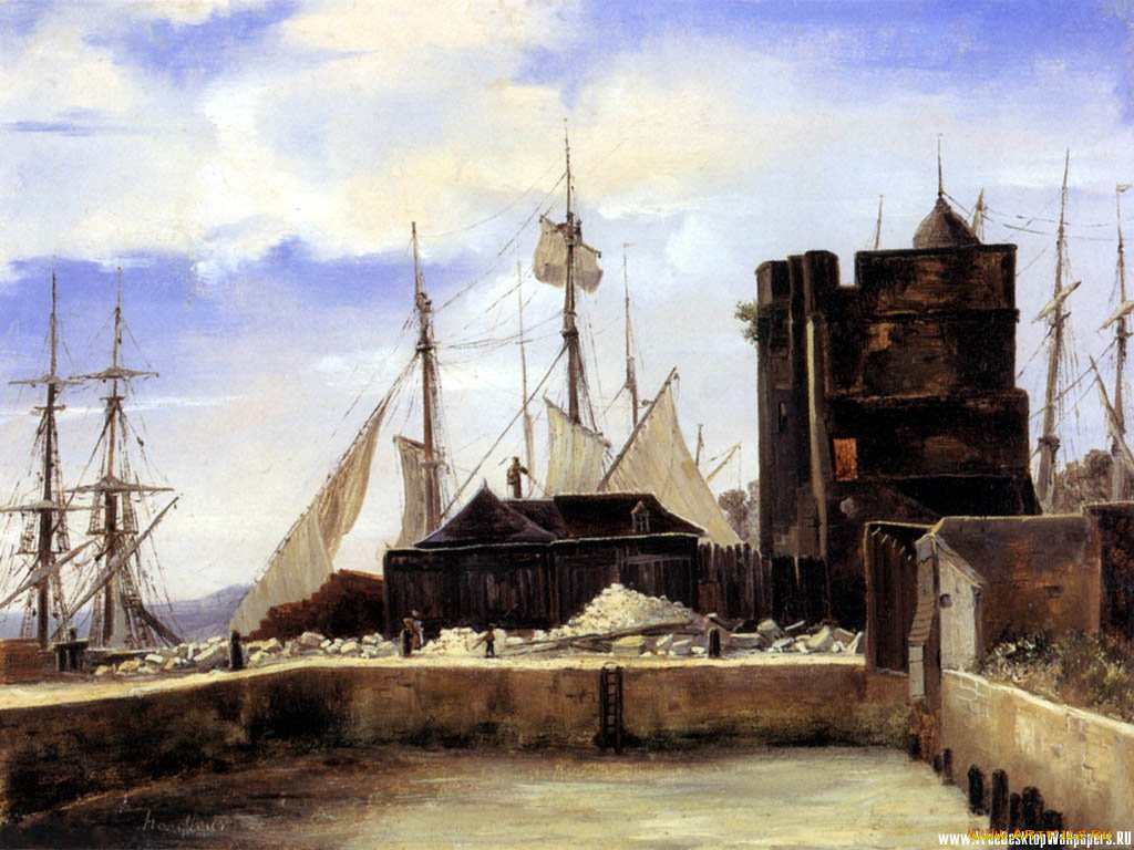 honfleur, the, old, wharf, рисованные, jean, baptiste, camille, corot