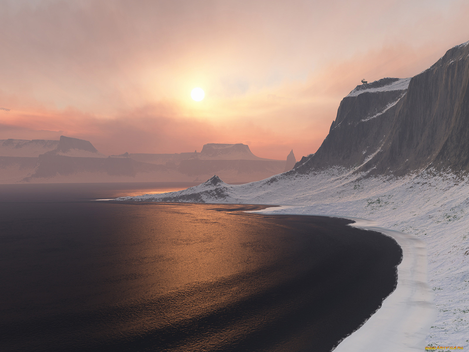 3д, графика, nature, landscape, природа, закат, вода, горы, снег