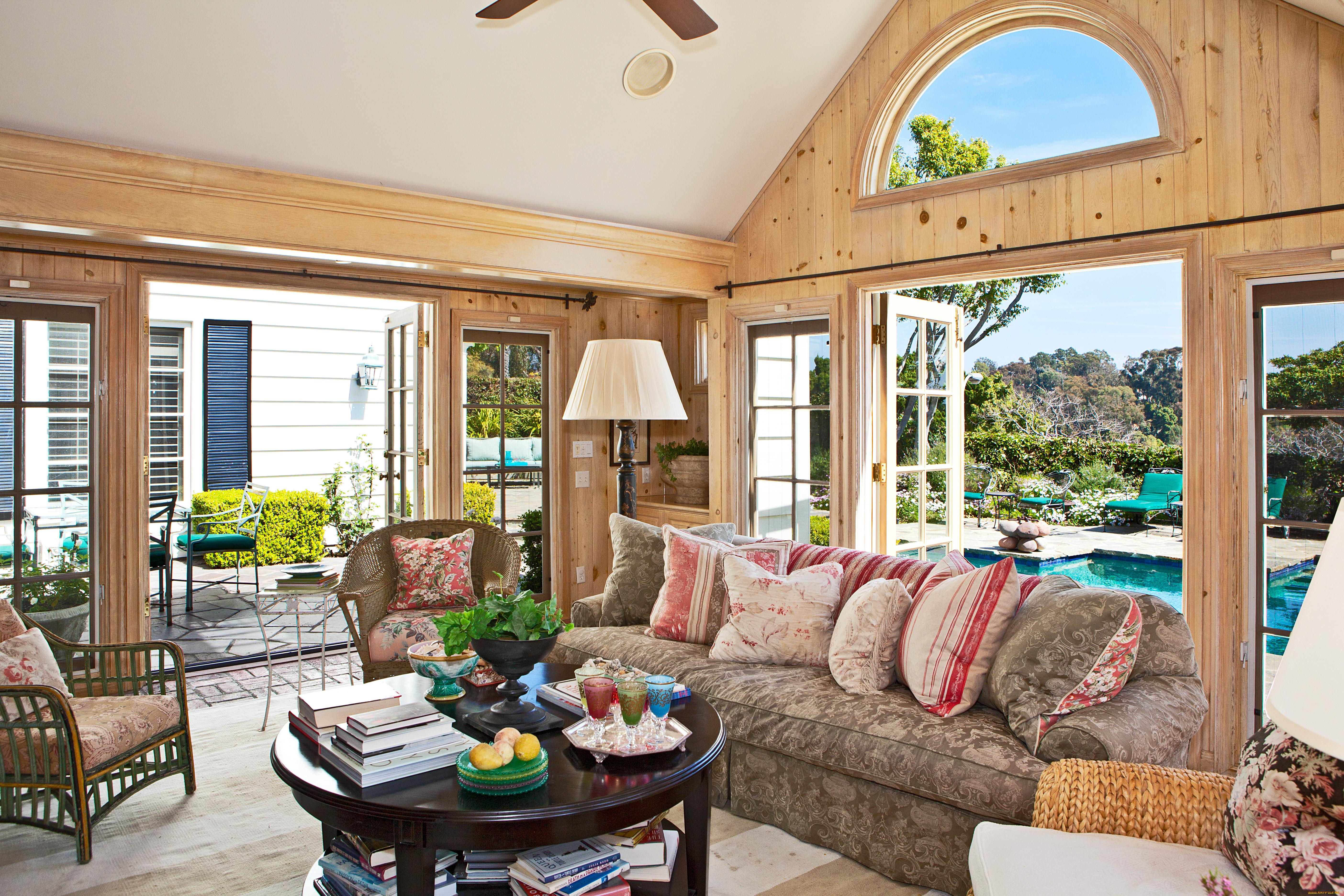 интерьер, веранды, террасы, балконы, бассейн, комната, диваны, кресло, фрукты, подушки, лампа, вентилятор, природа, книги, стол