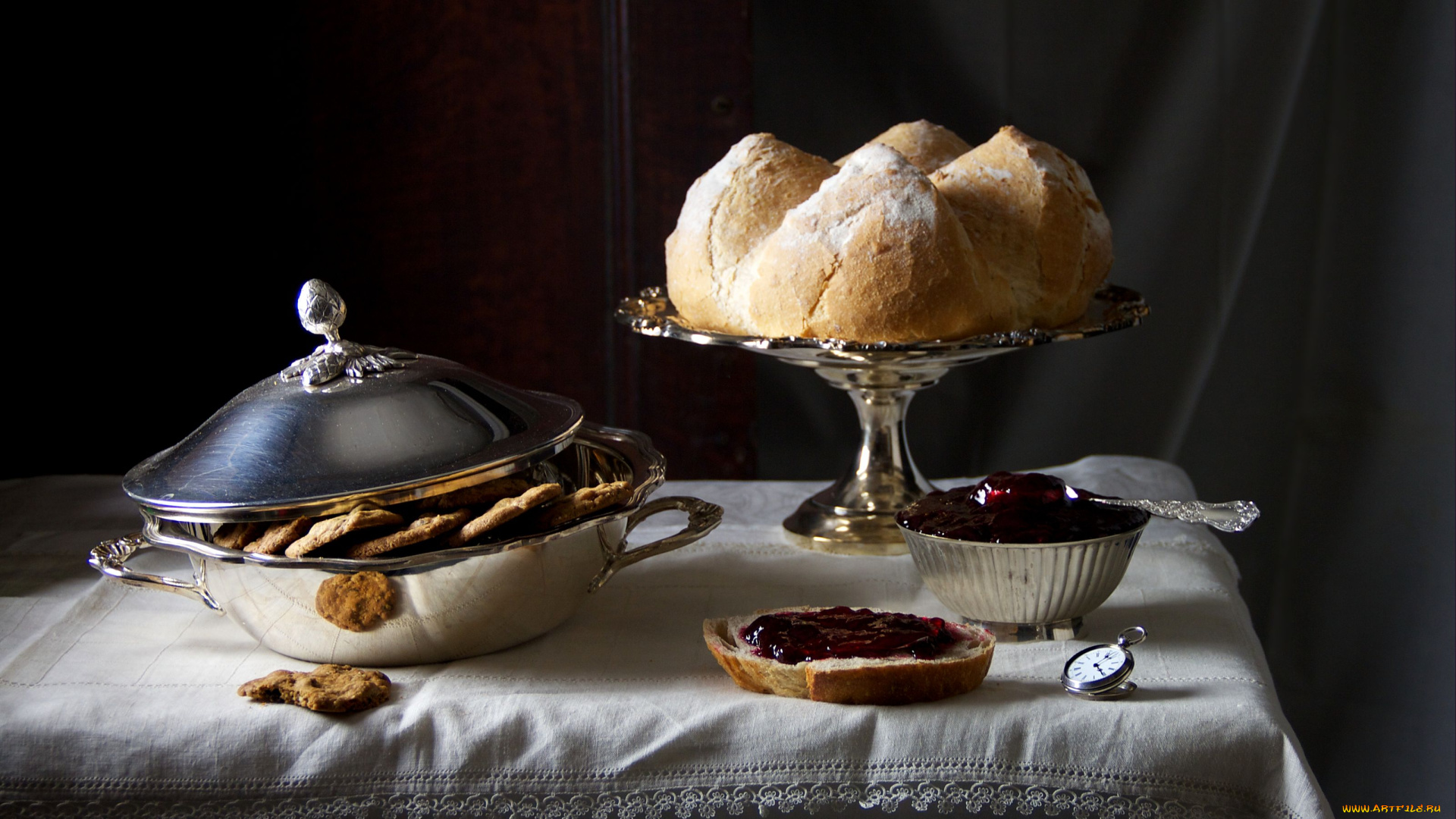 еда, натюрморт, хлеб, варенье, пряники, посуда, часы