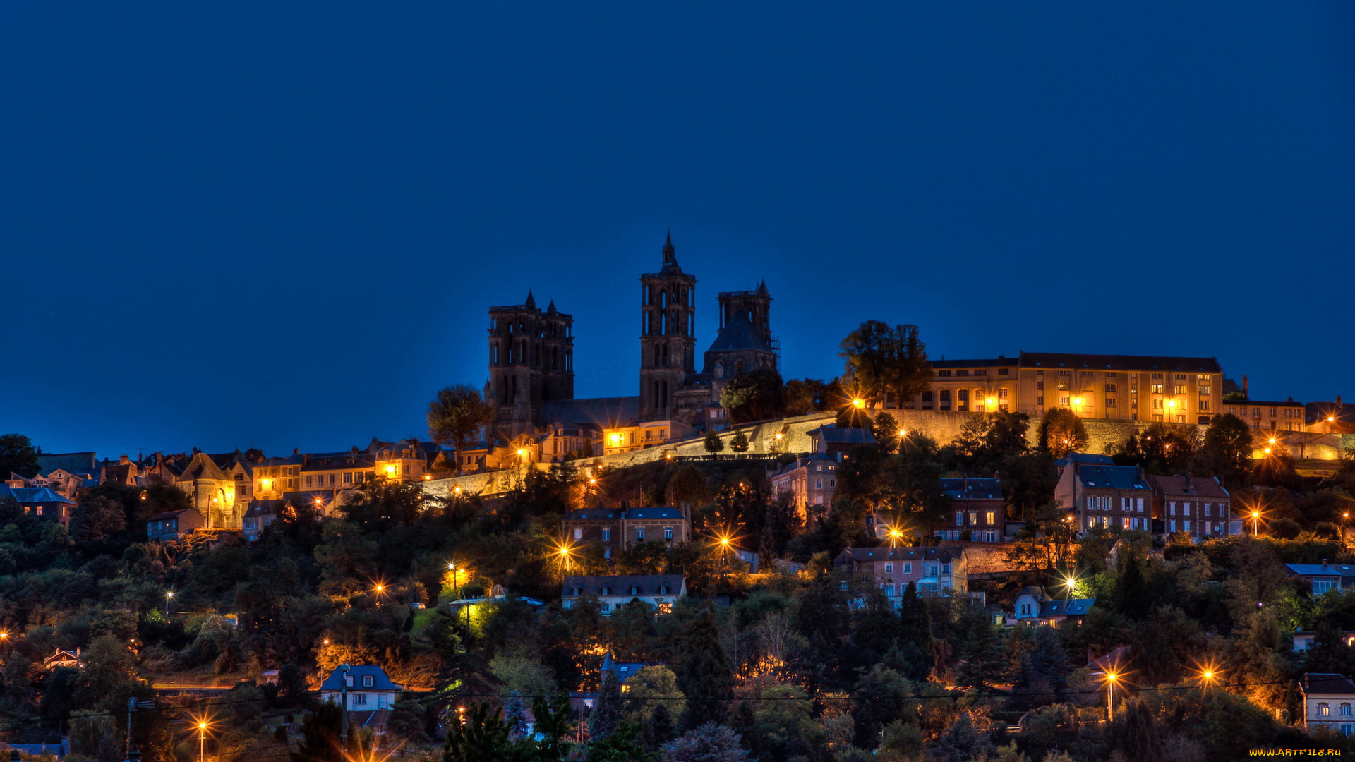 франция, пикардия, лан, города, огни, ночного, ночь, город