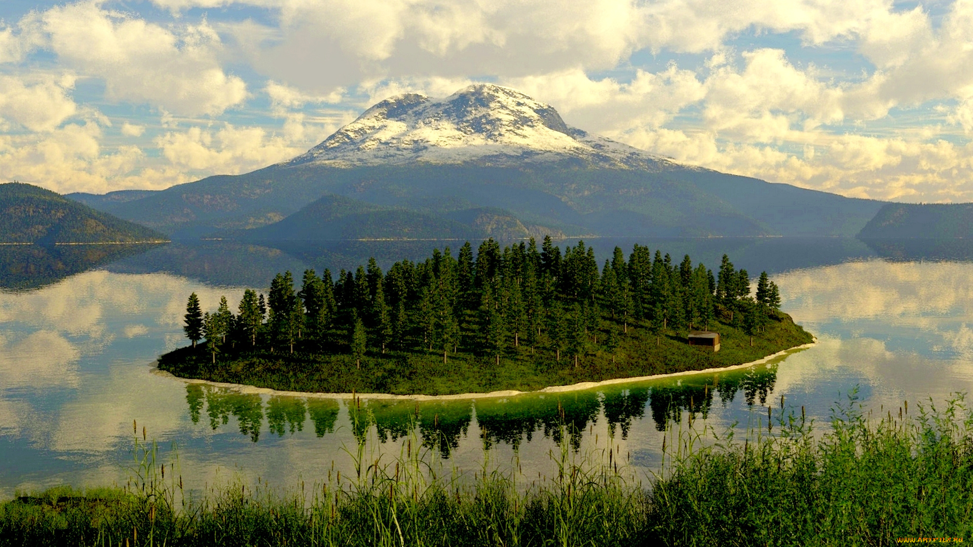 little, island, 3д, графика, nature, landscape, природа, лес, трава, остров, горы