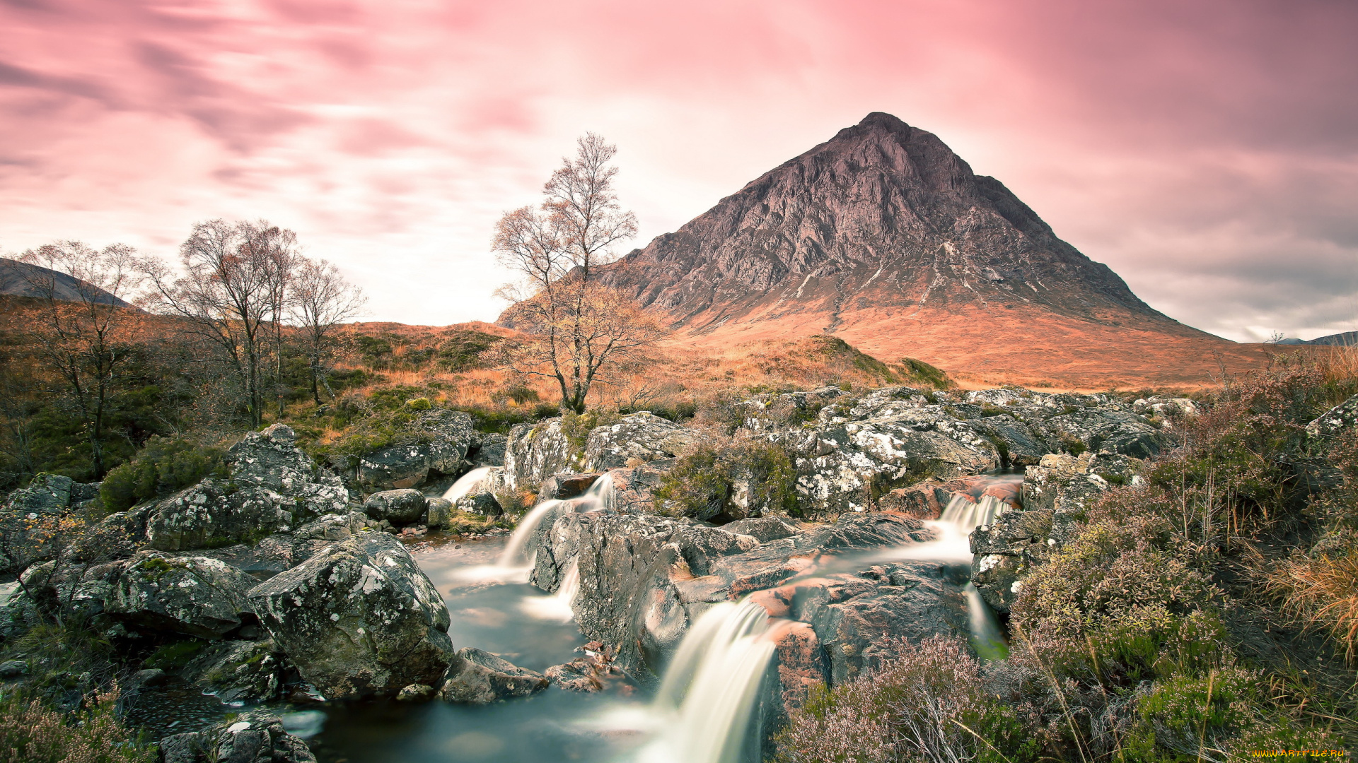 природа, водопады, камни, гора, река, каскад, деревья, пейзаж