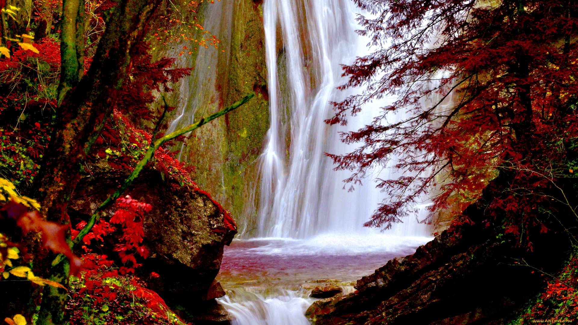 природа, водопады, водопад, лес, обрыв, скалы, река