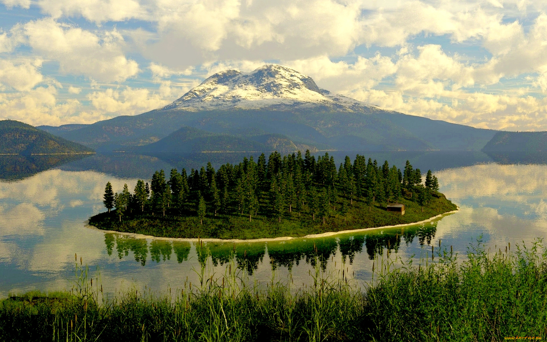 little, island, 3д, графика, nature, landscape, природа, лес, трава, остров, горы