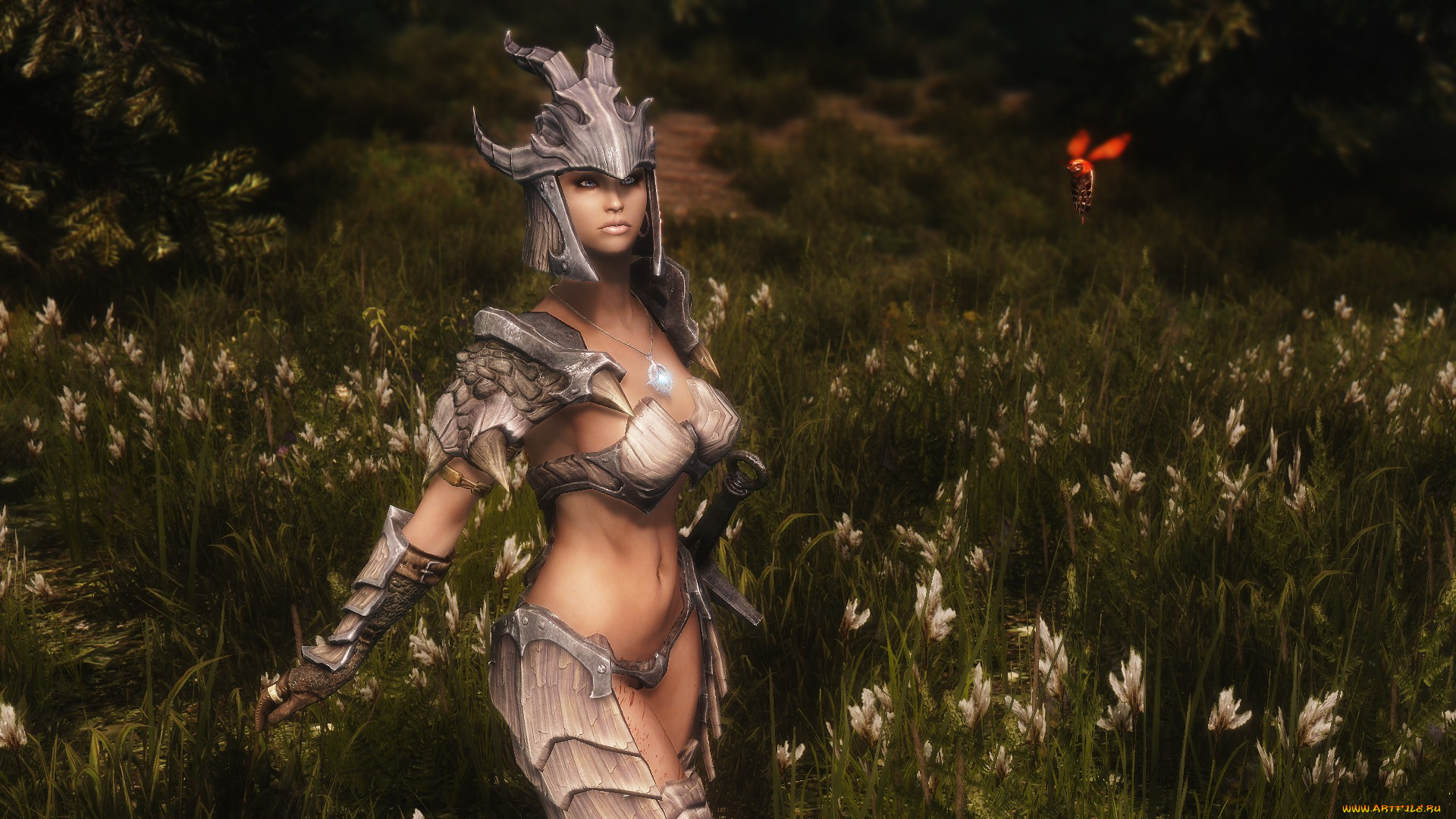 3д, графика, fantasy, фантазия, девушка, цветы, доспехи, взгляд