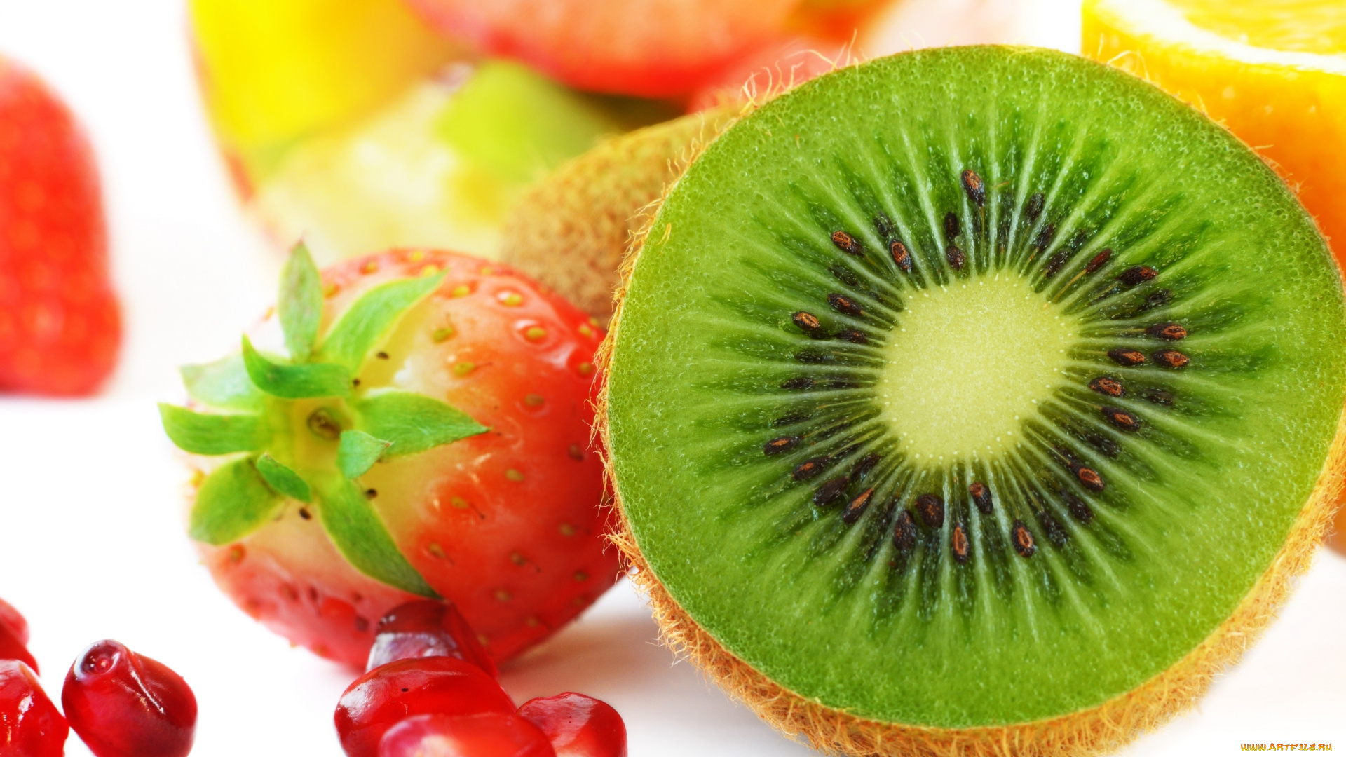 еда, фрукты, ягоды, strawberry, fruits, pomegranate, kiwi, киви, клубника, lemon, лимон, гранат