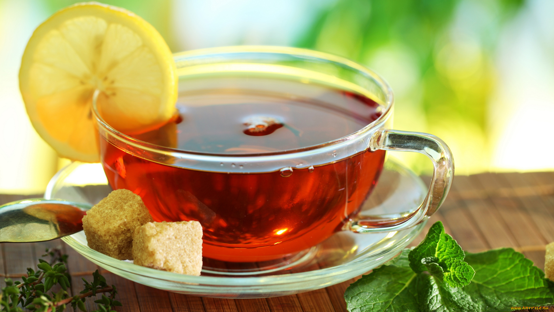 еда, напитки, Чай, блюдце, ложка, чай, чашка, сахар, лимон, мята, стол, циновка