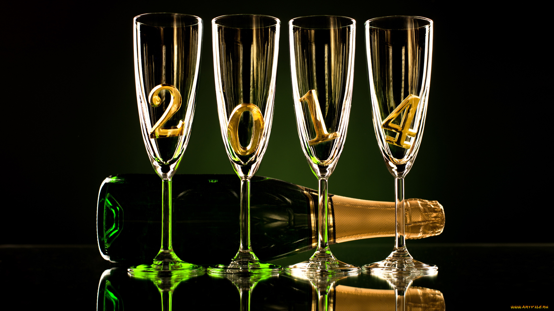 праздничные, угощения, бутылка, бокалы, цифры, шампанское