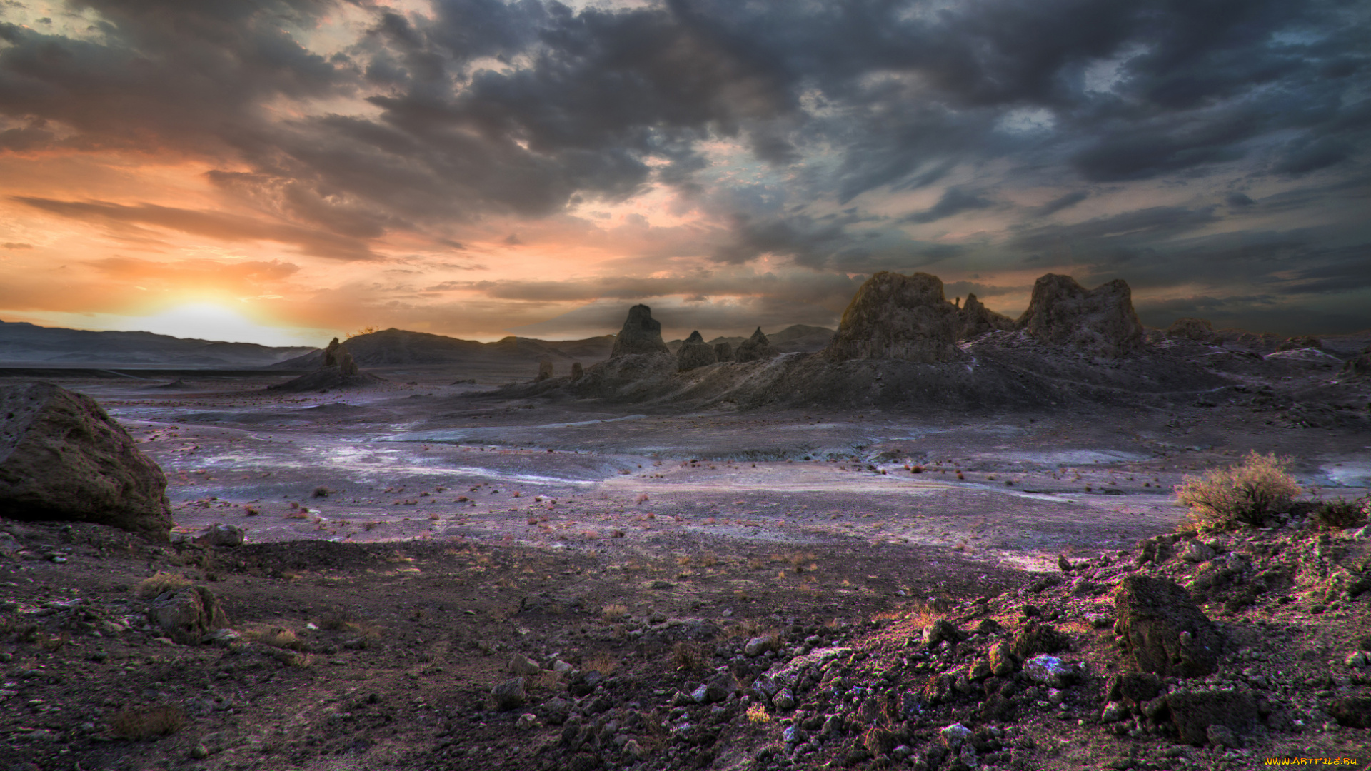 природа, горы, камни, тучи, зарево, скалы