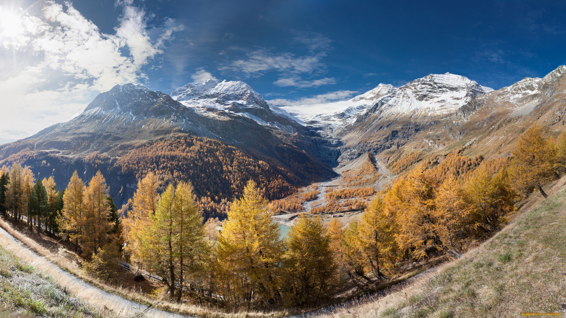 природа, горы, трава, дорога, река, котловина