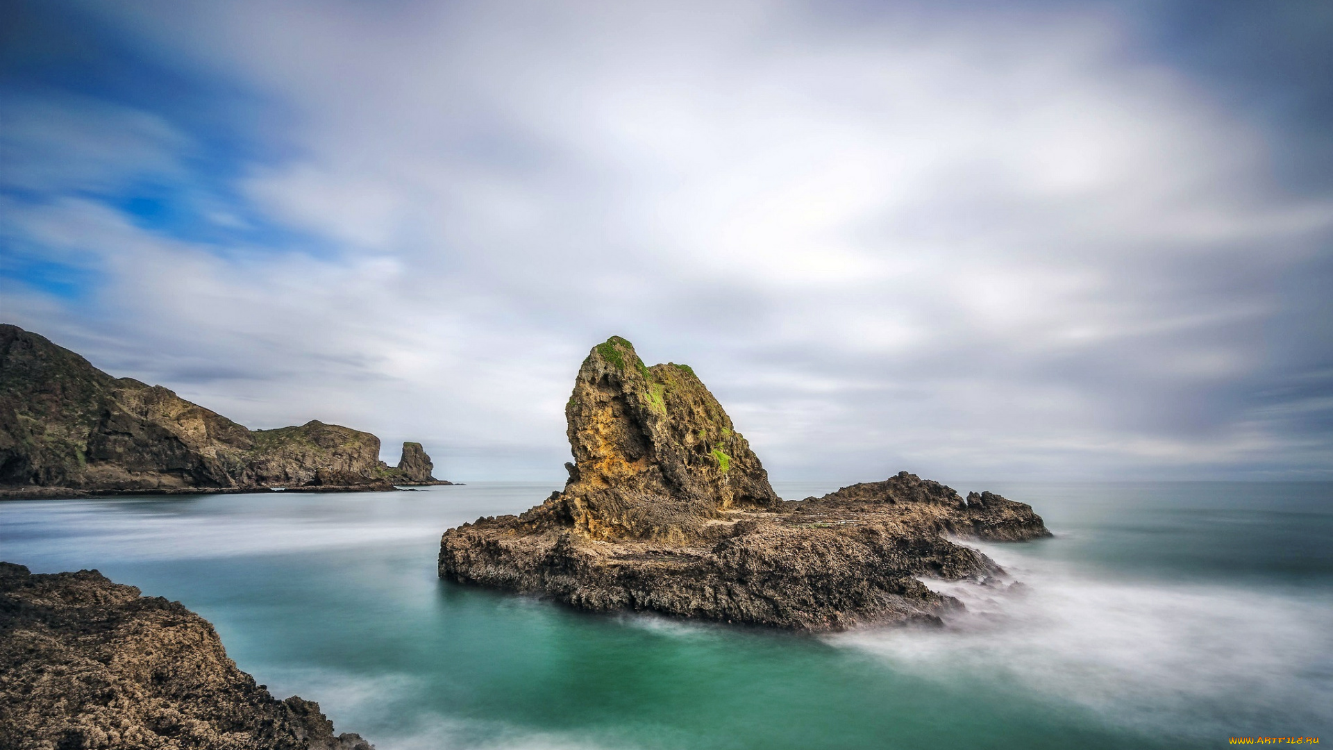 природа, побережье, океан, скалы, облака, туман